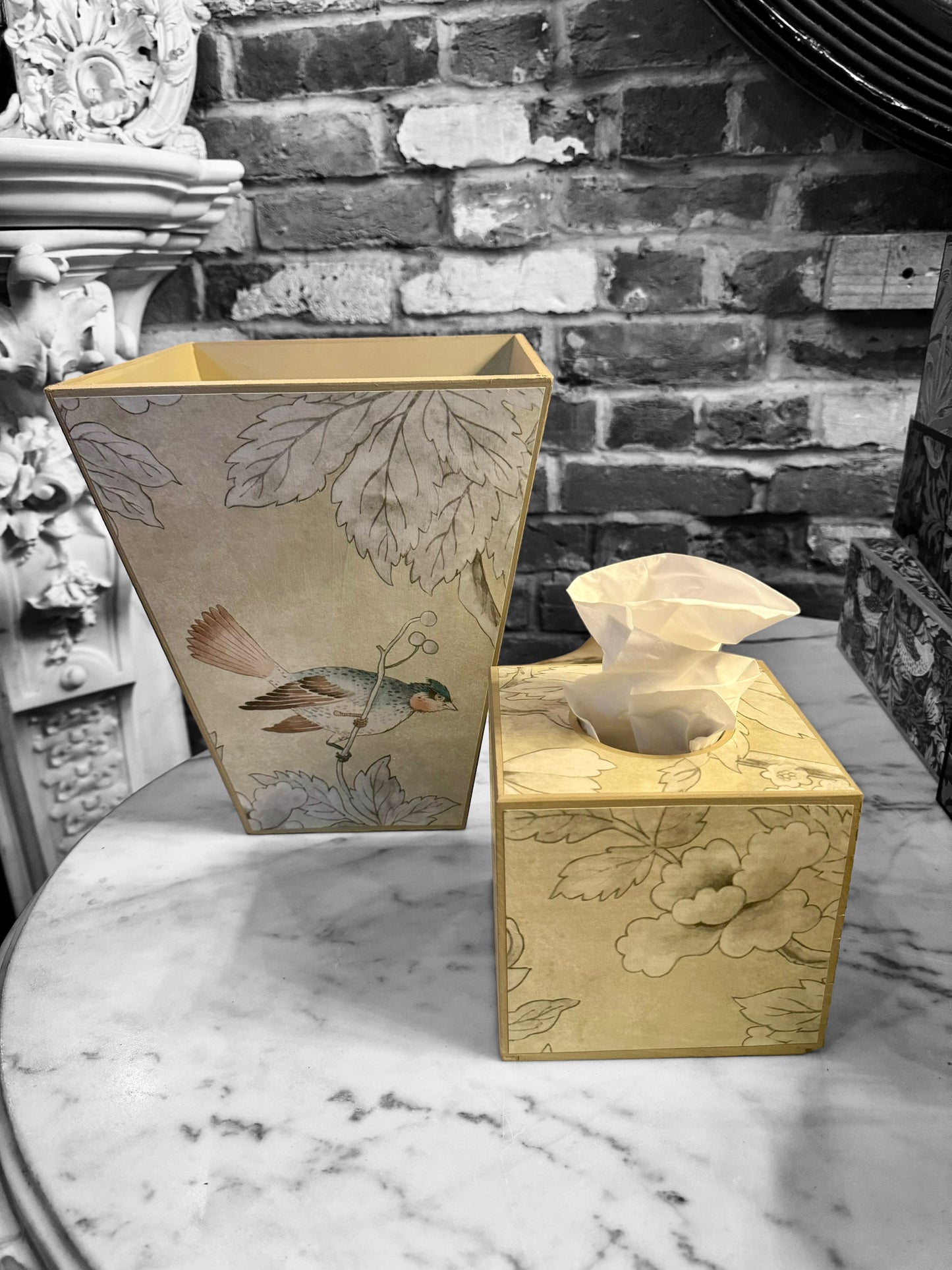Chiswick - Matching set - Waste paper bin and square or rectangle tissue box cover - Decoupage in Chiswick Grove by sanderson in gold colourway
