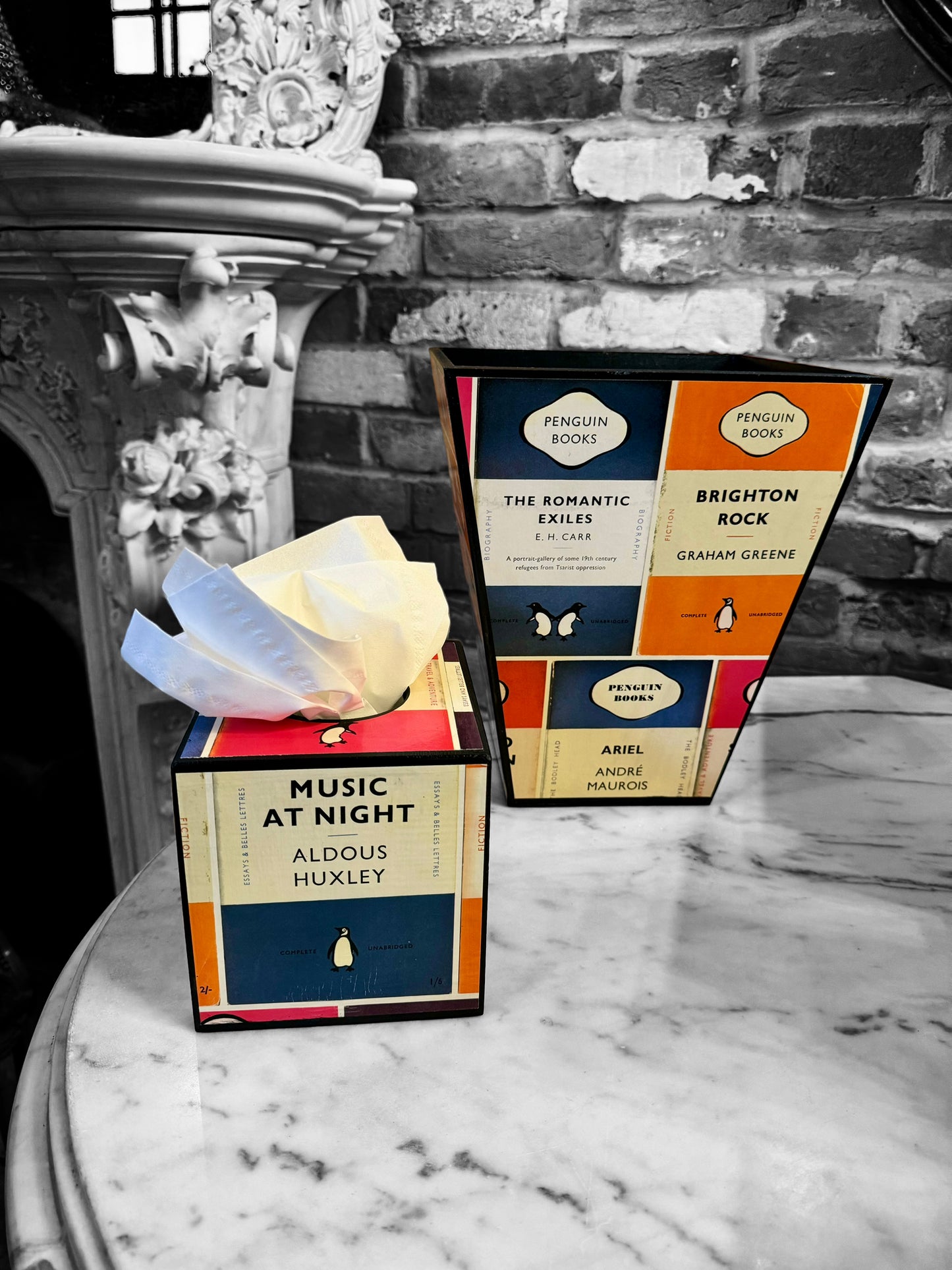 Oxford Waste paper bin & tissue box cover, bedroom bin, study bin, bathroom bin Penguin Library. Handmade by Beatrice Bloom London