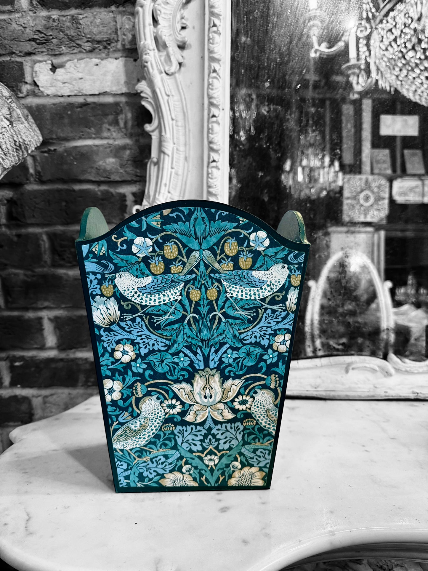 Kelmscott - Matching set - Waste paper bin and square or tissue box cover - Decoupage in William Morris Strawberry Thief by Clarke & Clarke in Teal colourway