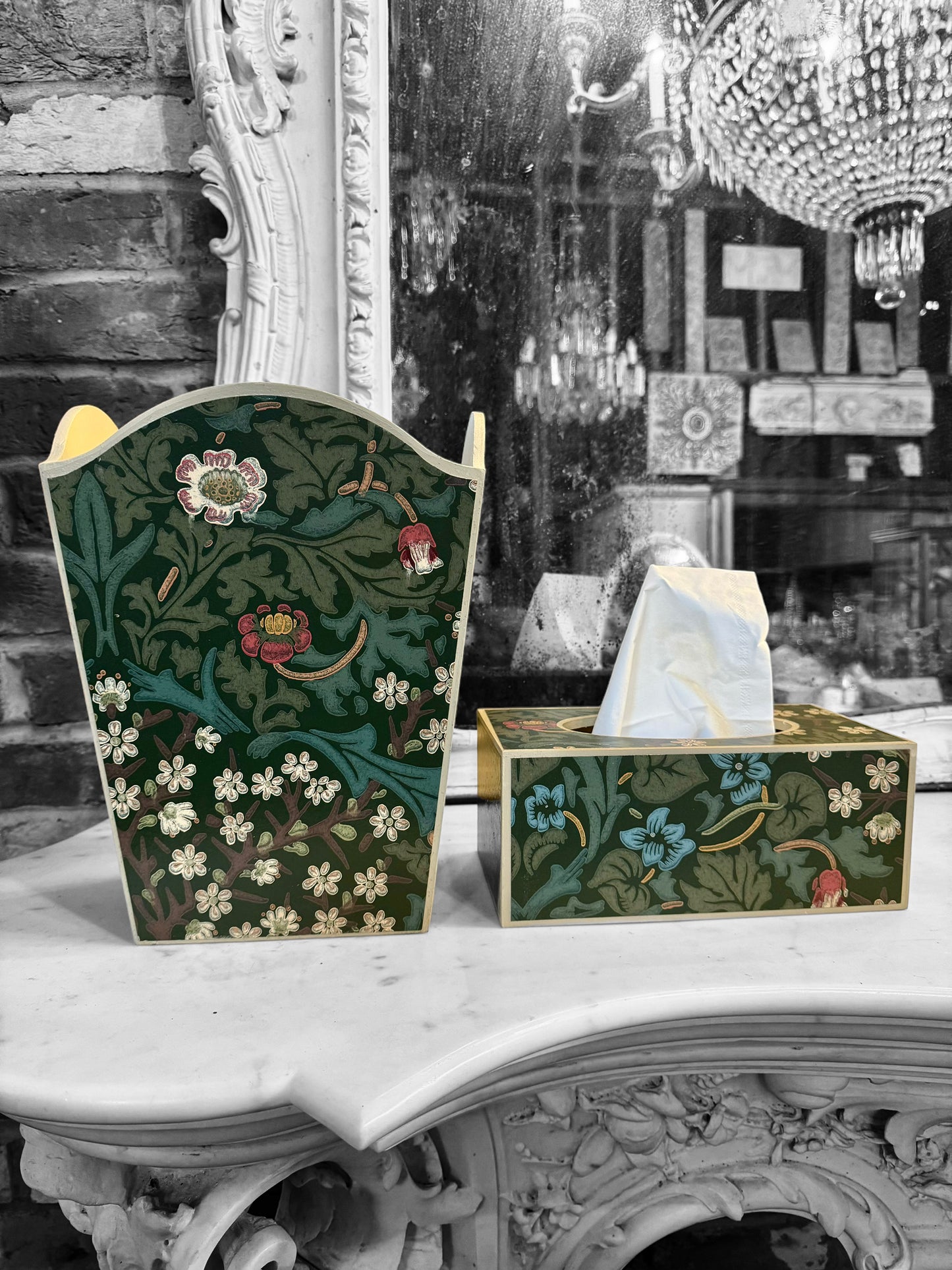 Marylebone - Matching set - Waste paper bin & square or rectangle tissue box cover - Decoupage in William Morris Blackthorn By Morris & Co in archive colourway