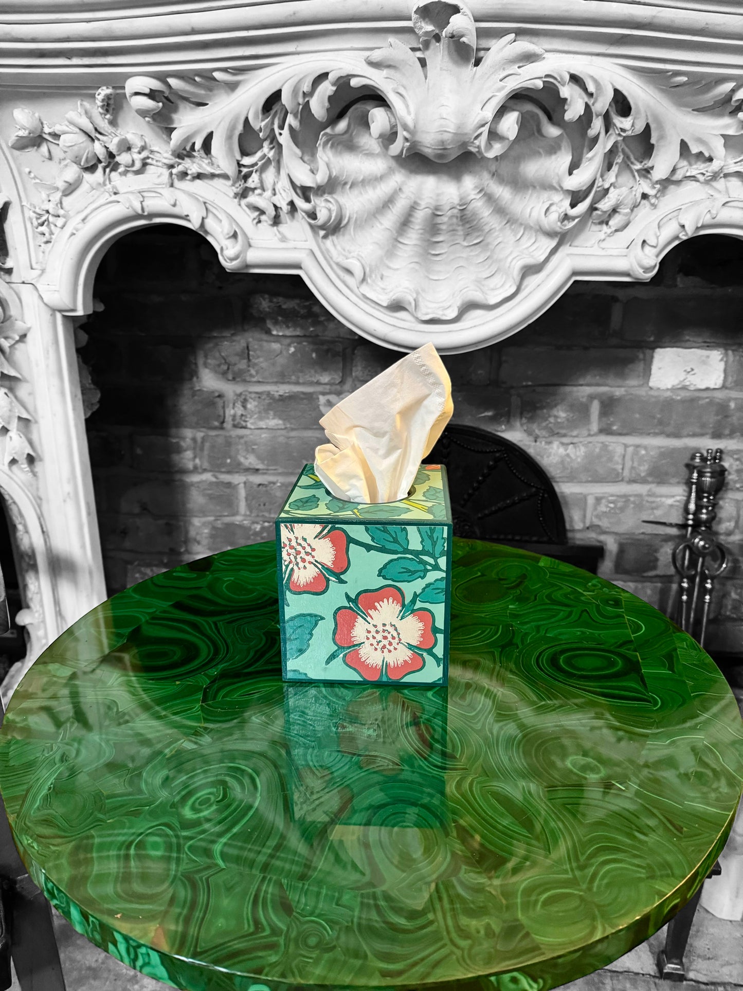 Featured in BRITISH VOGUE Norfolk waste paper bin & square tissue box cover aqua, teal,green,pink. Handmade by Beatrice Bloom London