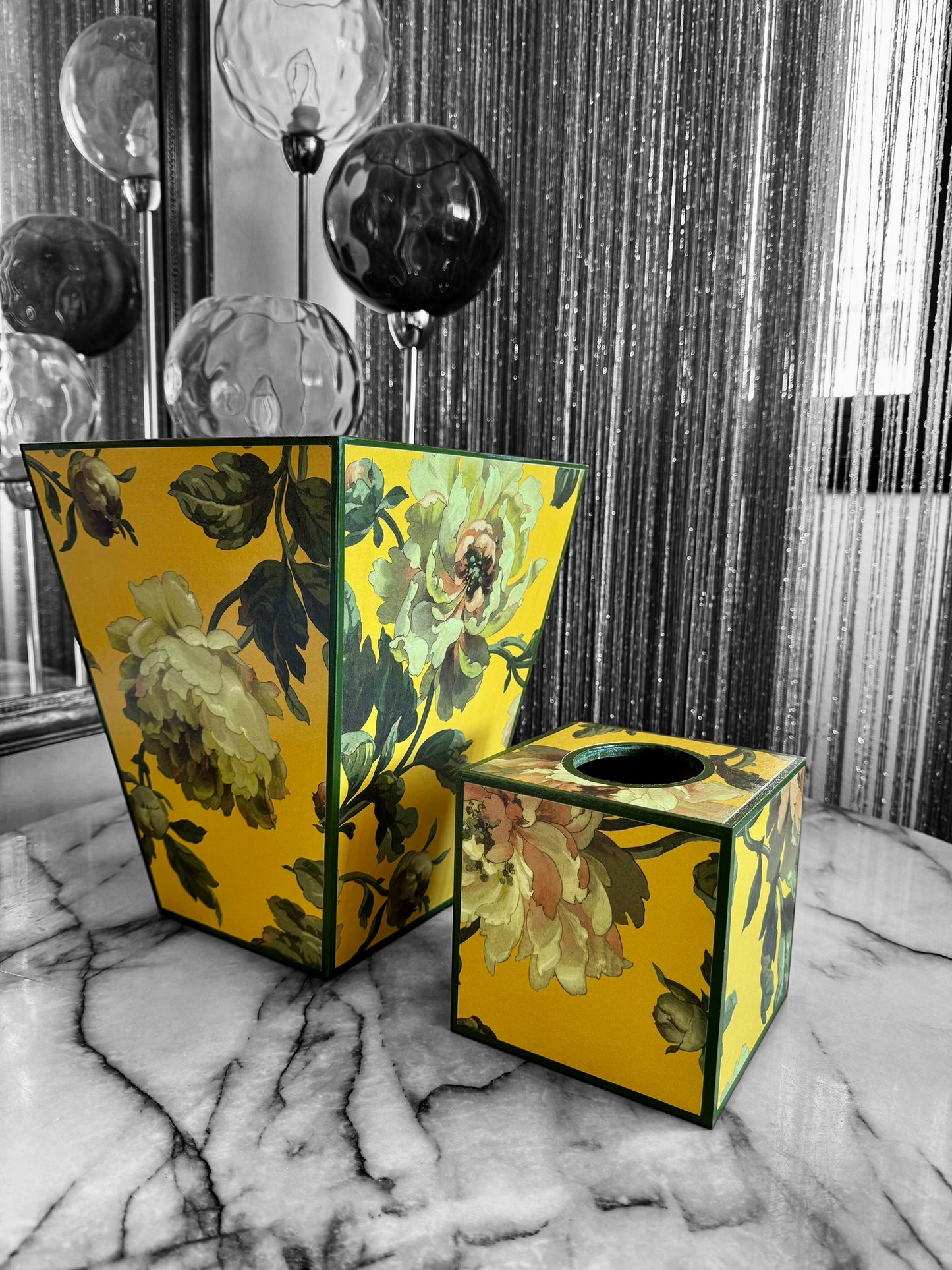 Notting Hill - Matching set - Waste paper bin & square or rectangle tissue box cover - Decoupage in Peoneden by House of Hackney in ochre colourway
