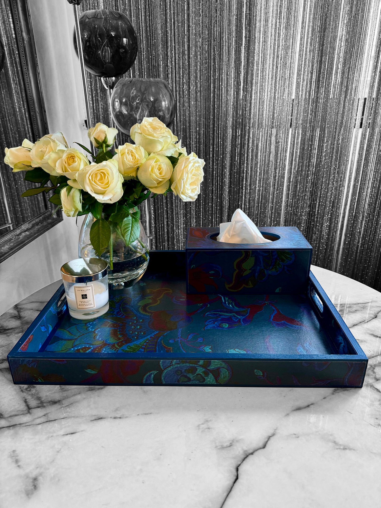 Dover - Ottoman tray available in 4 x sizes - decoupage in Majorelle by House of Hackney in petrol colourway