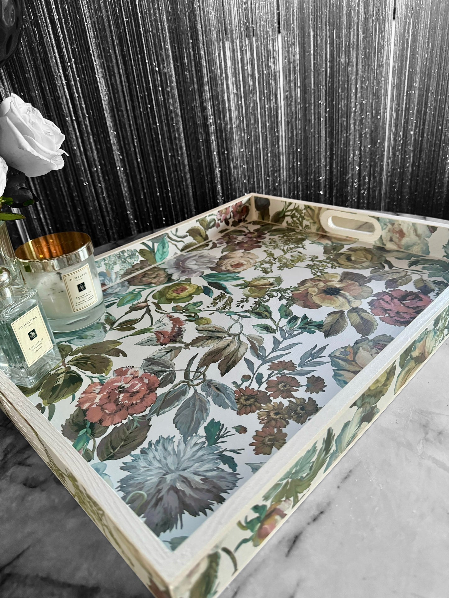 Designers Guild Mansur white floral tray,xl tray,ottoman tray,footstool tray,decoupage tray.Handmade in 5 X SIZES mothers day gift