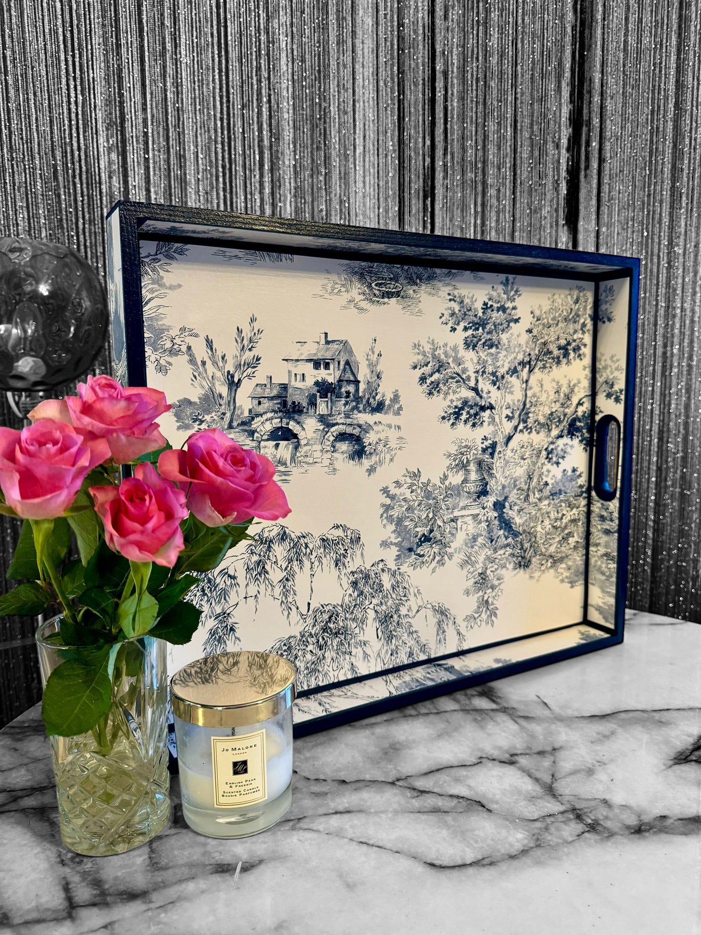Paris - Ottoman tray available in 4 x sizes - Decoupage in Navy Toile de Jouy in navy colourway