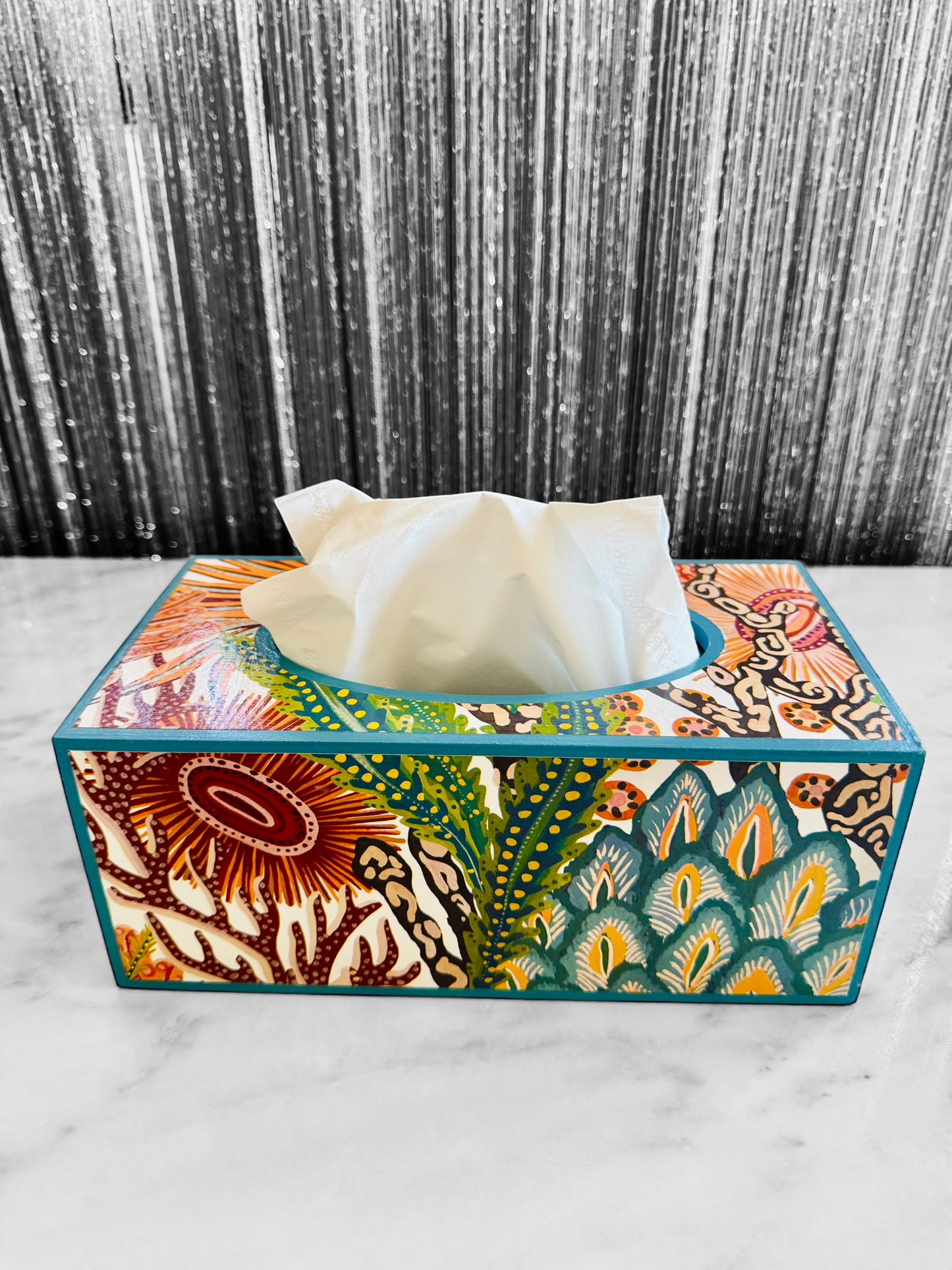 Coral Reef - Matching set option for square or rectangle tissue box cover - Decoupage in Acropora by Harlequin Brazilian Rosewood colour way.