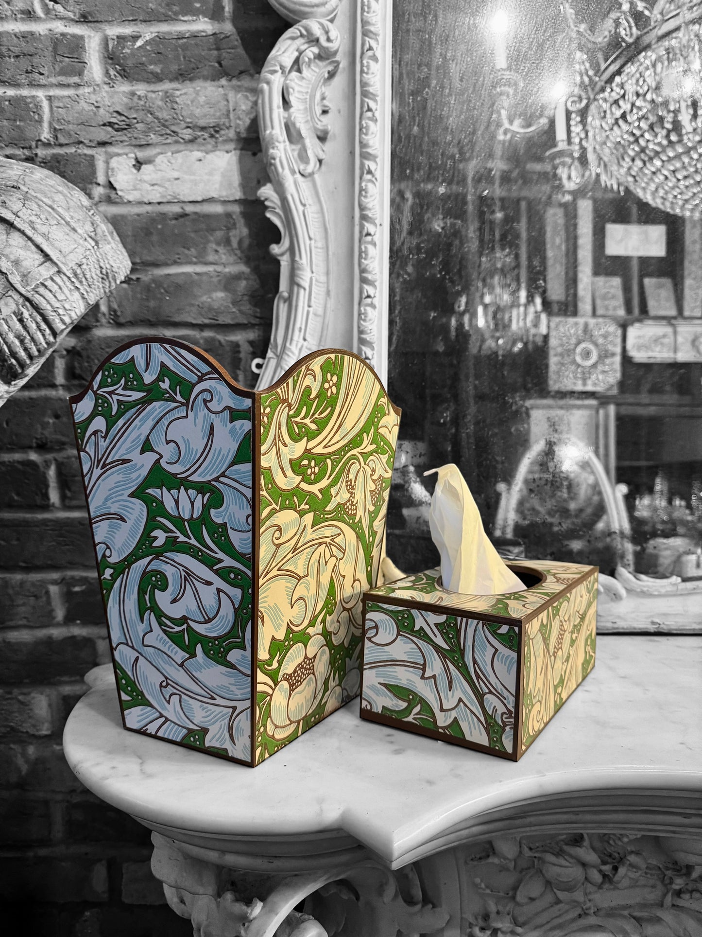 Clerkenwell waste paper bin and long tissue box cover - William Morris Batchelors Button leaf green/Sky. Handmade by Beatrice Bloom London