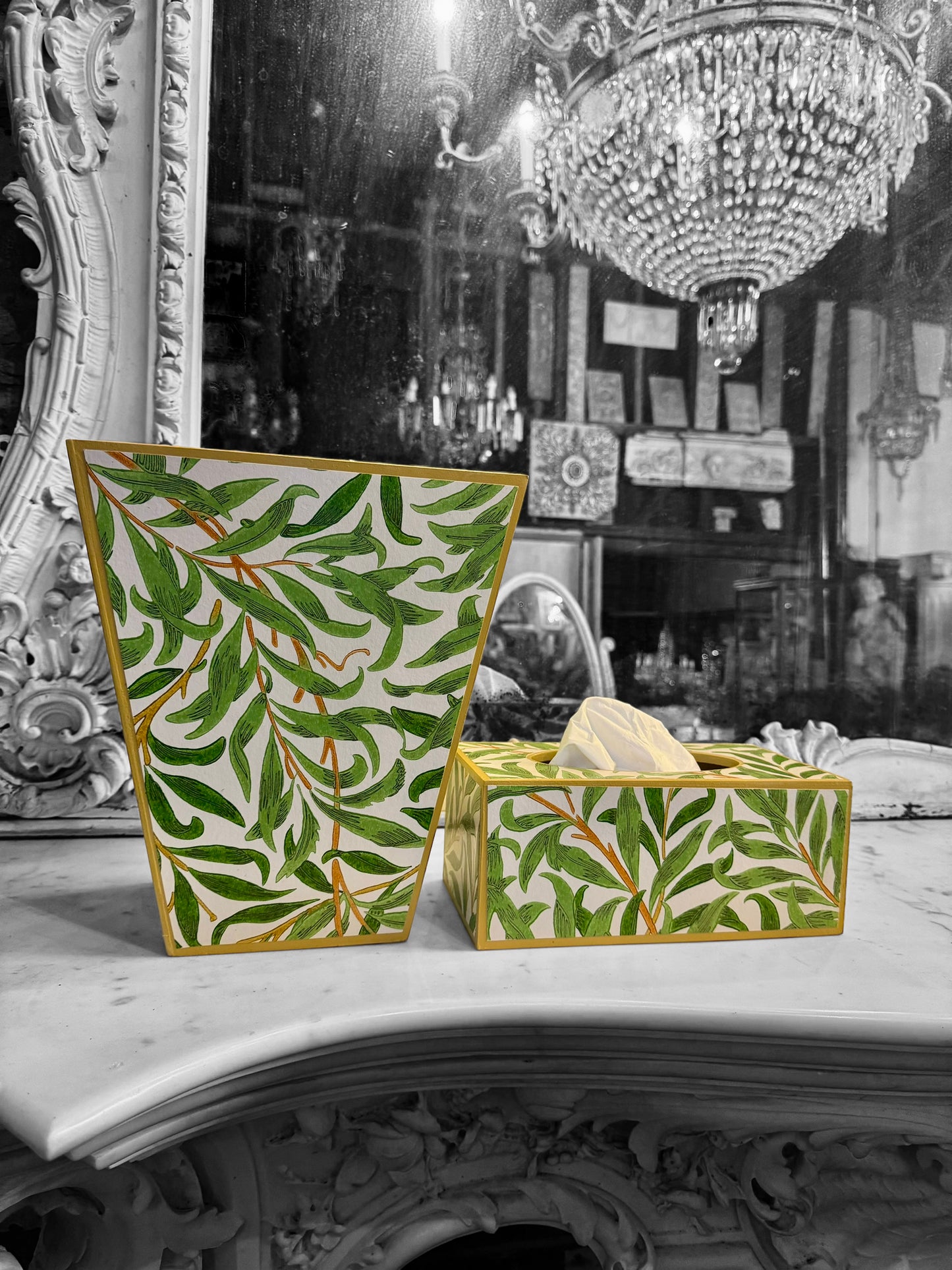 Broadstairs - Matching set - Waste paper bin and square or rectangle tissue box cover - Decoupage in William morris Willow Boughs by Morris & co in spring colourway