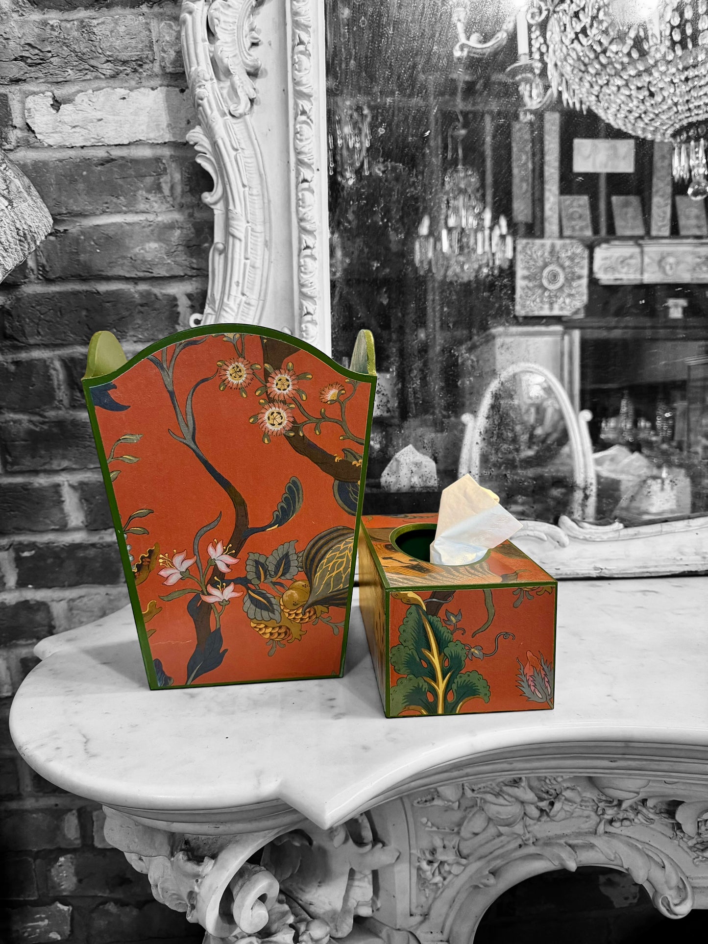 Shoreditch - Matching set - Waste paper bin & square or rectangle tissue box cover - Decoupage in Artemis by House of Hackney in Sienna colourway