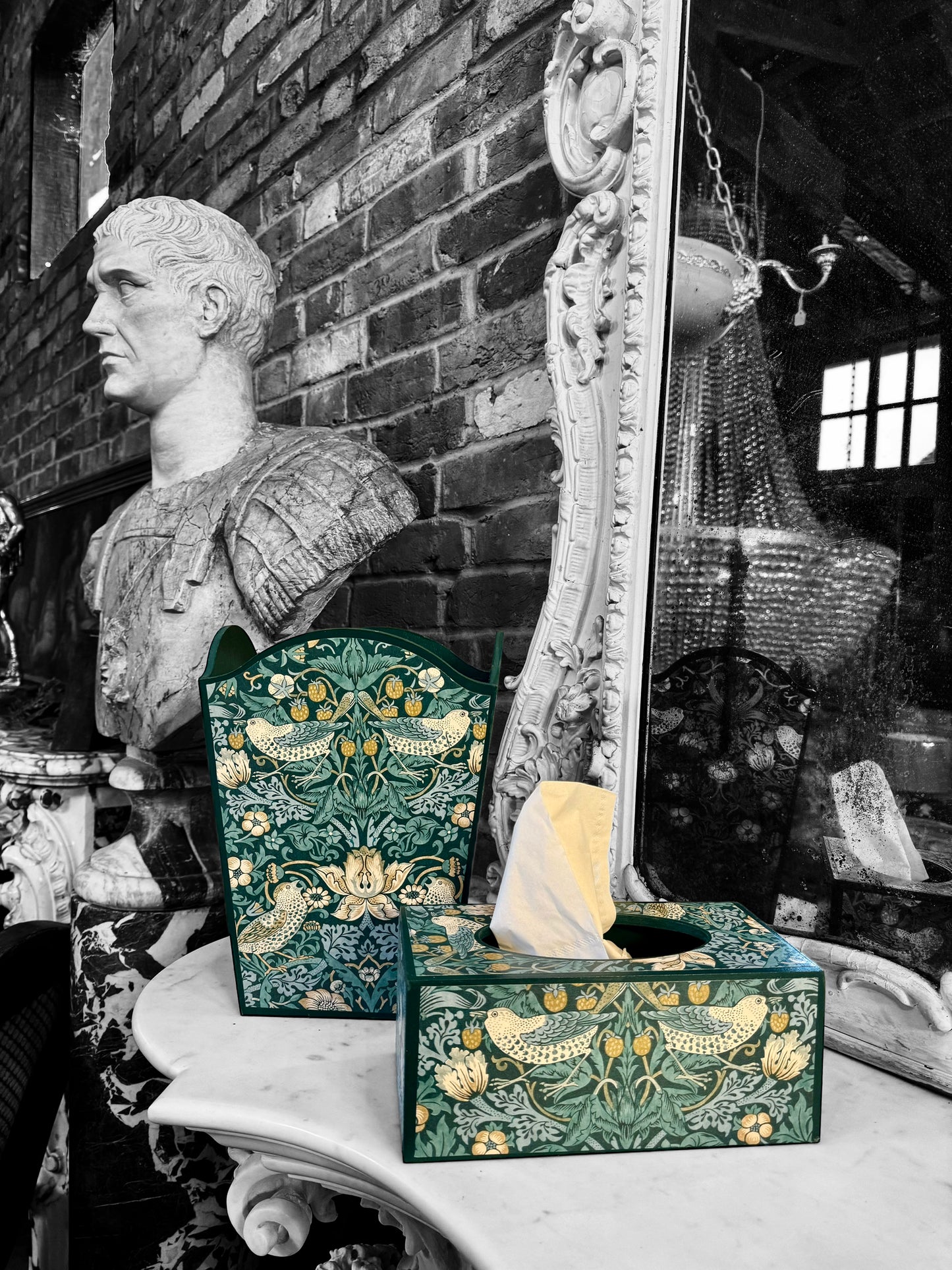Kelmscott - Matching set - Waste paper bin and square or tissue box cover - Decoupage in William Morris Strawberry Thief by Clarke & Clarke in Teal colourway