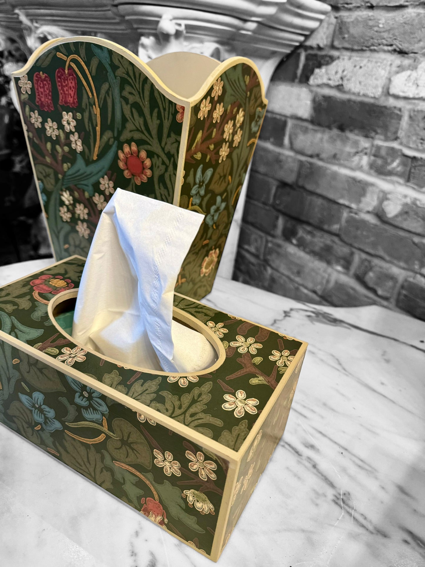 Marylebone - Matching set - Waste paper bin & square or rectangle tissue box cover - Decoupage in William Morris Blackthorn By Morris & Co in archive colourway