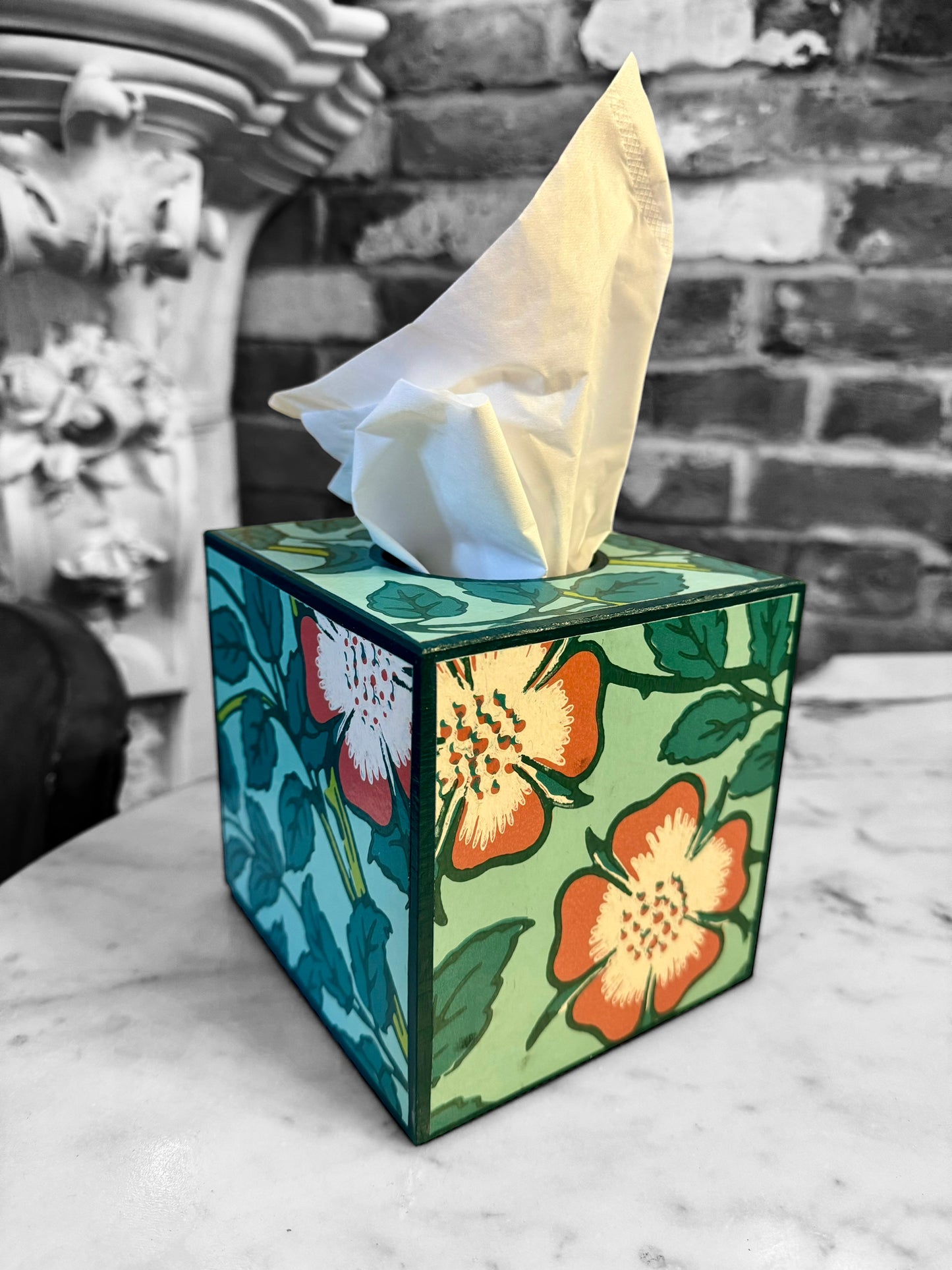 Featured in BRITISH VOGUE Norfolk waste paper bin & square tissue box cover aqua, teal,green,pink. Handmade by Beatrice Bloom London