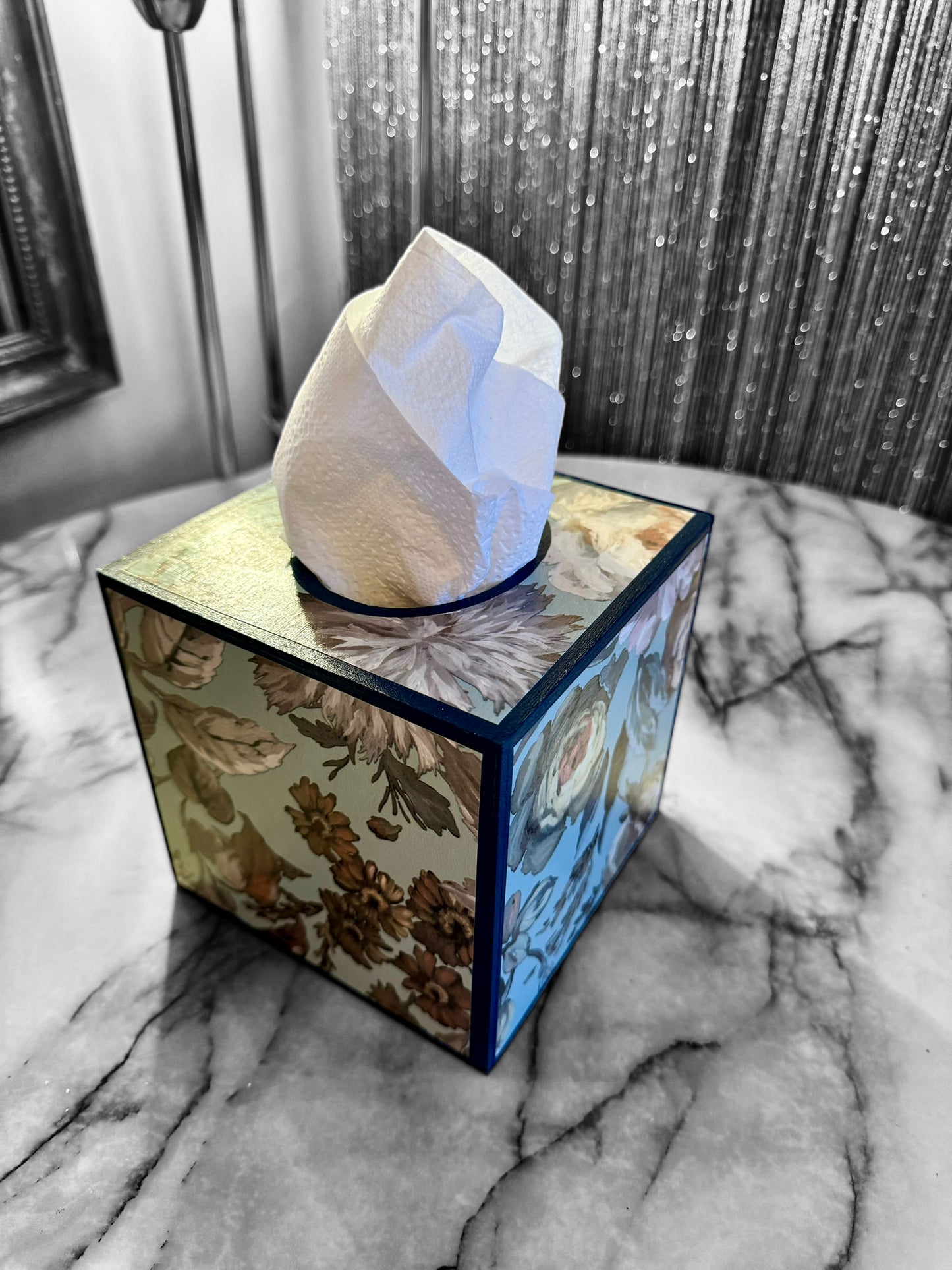 Brighton - Matching set - Waste paper bin & square or rectangle tissue box cover - Decoupage in Designers Guild/Mansur in Eau De Nil colourway