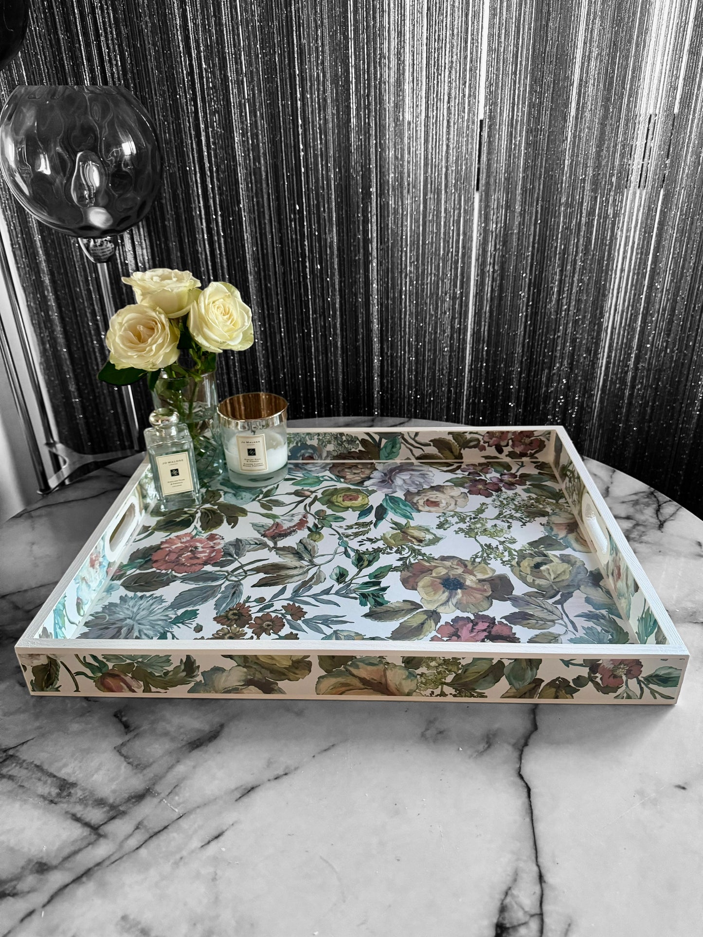 Designers Guild Mansur white floral tray,xl tray,ottoman tray,footstool tray,decoupage tray.Handmade in 5 X SIZES mothers day gift