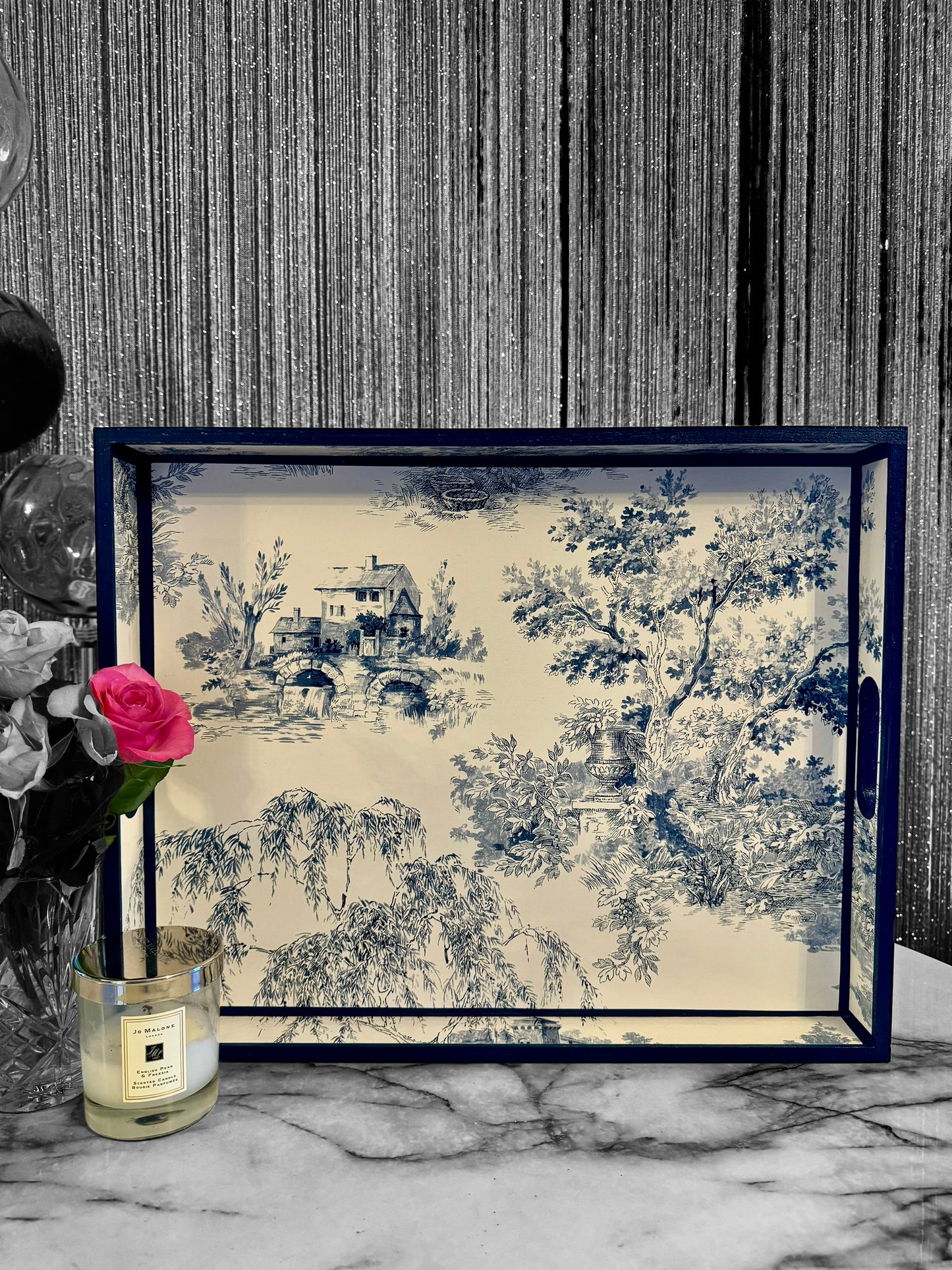 Paris - Ottoman tray available in 4 x sizes - Decoupage in Navy Toile de Jouy in navy colourway
