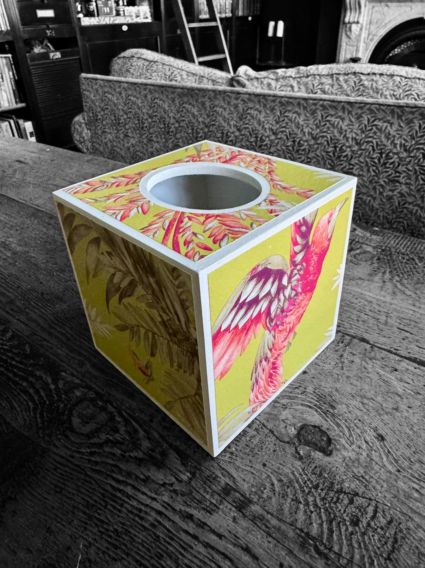 Twickenham - Matching set - Waste paper bin & square or rectangle tissue box cover - Decoupage in Bird of Paradise by Matthew Williamson in pink/purple colourway