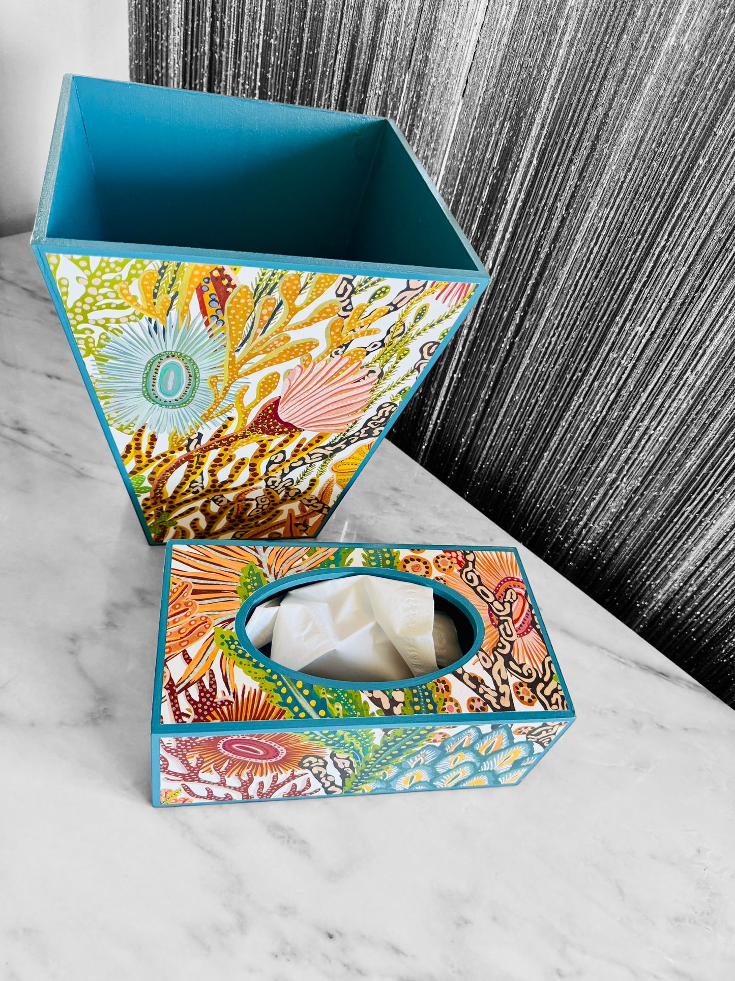 Coral Reef - Matching set option for square or rectangle tissue box cover - Decoupage in Acropora by Harlequin Brazilian Rosewood colour way.