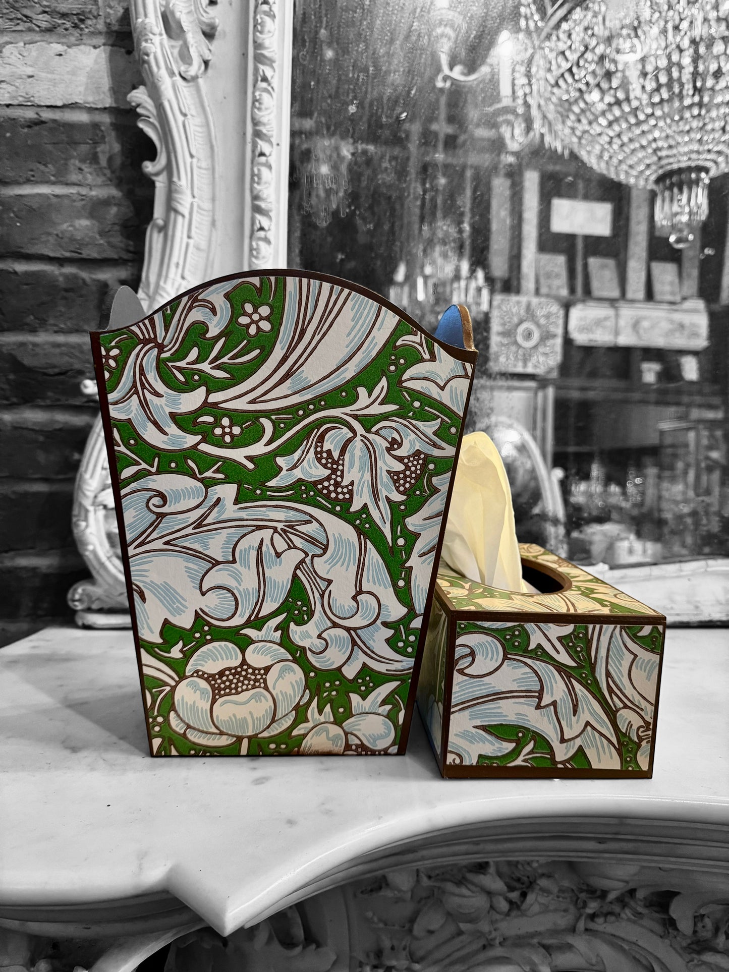 Clerkenwell waste paper bin and long tissue box cover - William Morris Batchelors Button leaf green/Sky. Handmade by Beatrice Bloom London