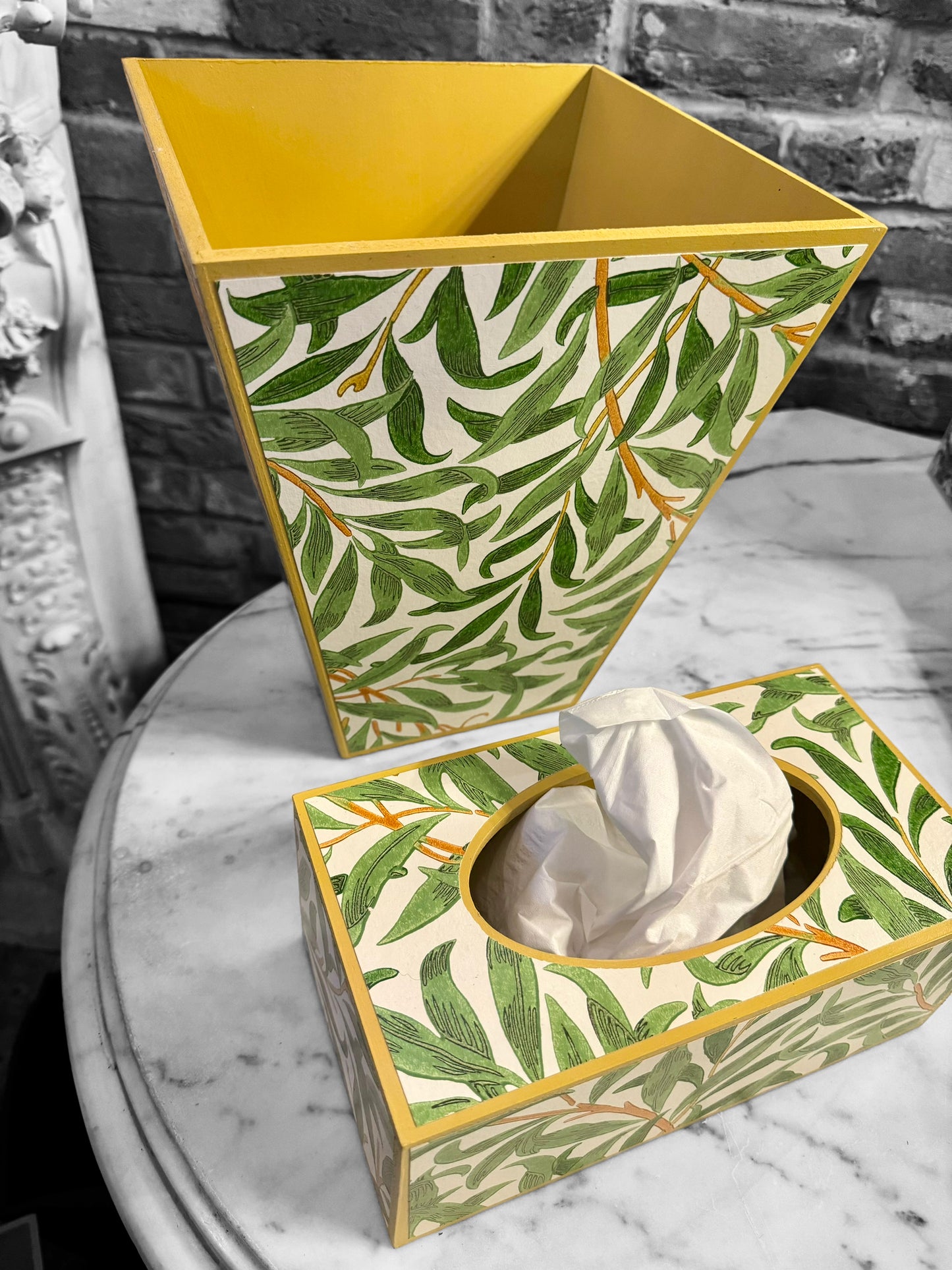 Broadstairs - Matching set - Waste paper bin and square or rectangle tissue box cover - Decoupage in William morris Willow Boughs by Morris & co in spring colourway