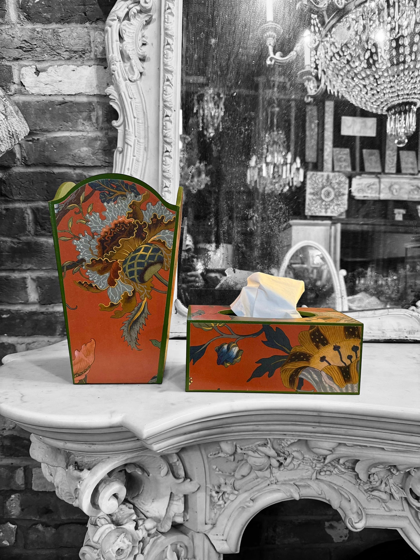 Shoreditch - Matching set - Waste paper bin & square or rectangle tissue box cover - Decoupage in Artemis by House of Hackney in Sienna colourway
