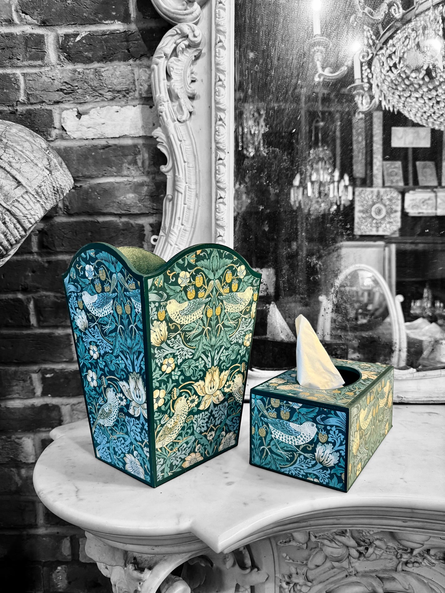 Kelmscott - Matching set - Waste paper bin and square or tissue box cover - Decoupage in William Morris Strawberry Thief by Clarke & Clarke in Teal colourway