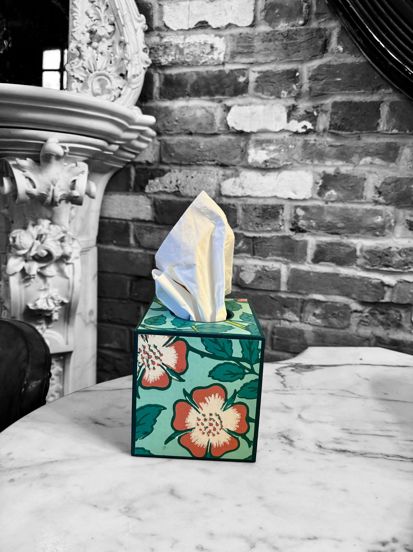 Featured in BRITISH VOGUE Norfolk waste paper bin & square tissue box cover aqua, teal,green,pink. Handmade by Beatrice Bloom London