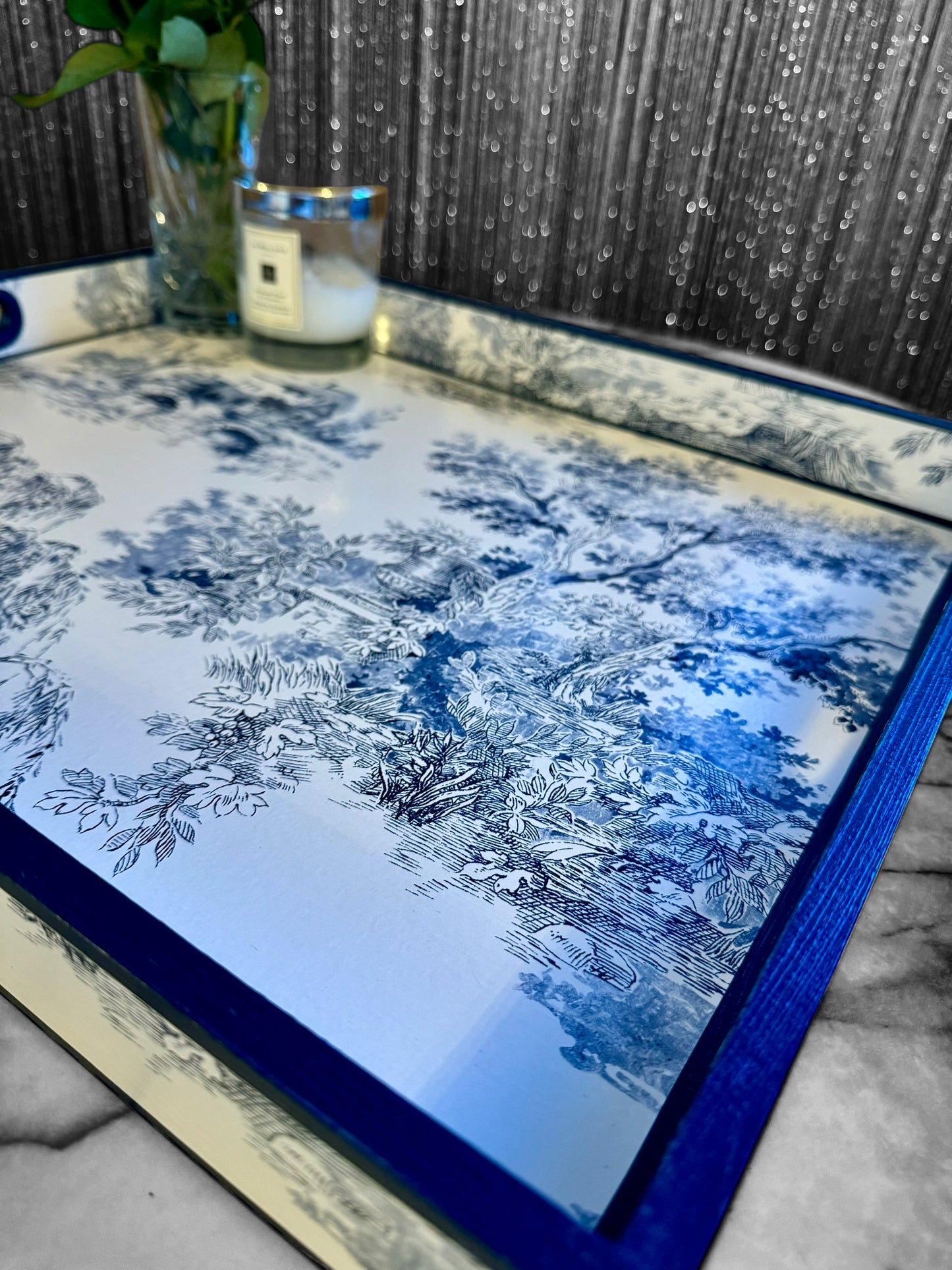 Paris - Ottoman tray available in 4 x sizes - Decoupage in Navy Toile de Jouy in navy colourway