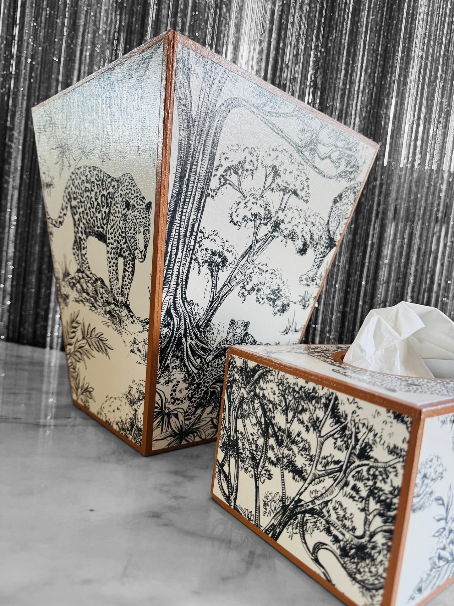 Cape Town - Matching set option for square or rectangle tissue box cover - Decoupage in Kisumu by Clarke & Clarke in black/white colour way.