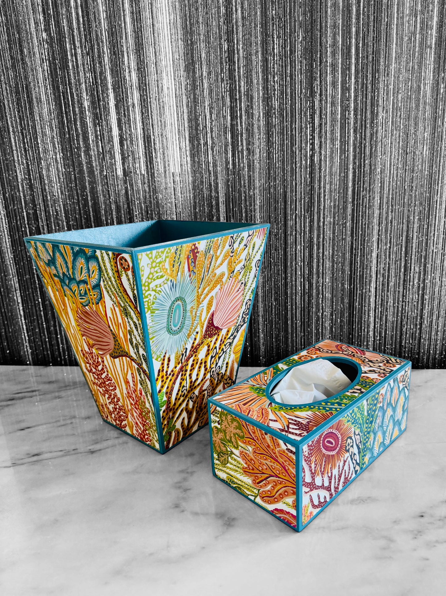 Coral Reef - Matching set option for square or rectangle tissue box cover - Decoupage in Acropora by Harlequin Brazilian Rosewood colour way.