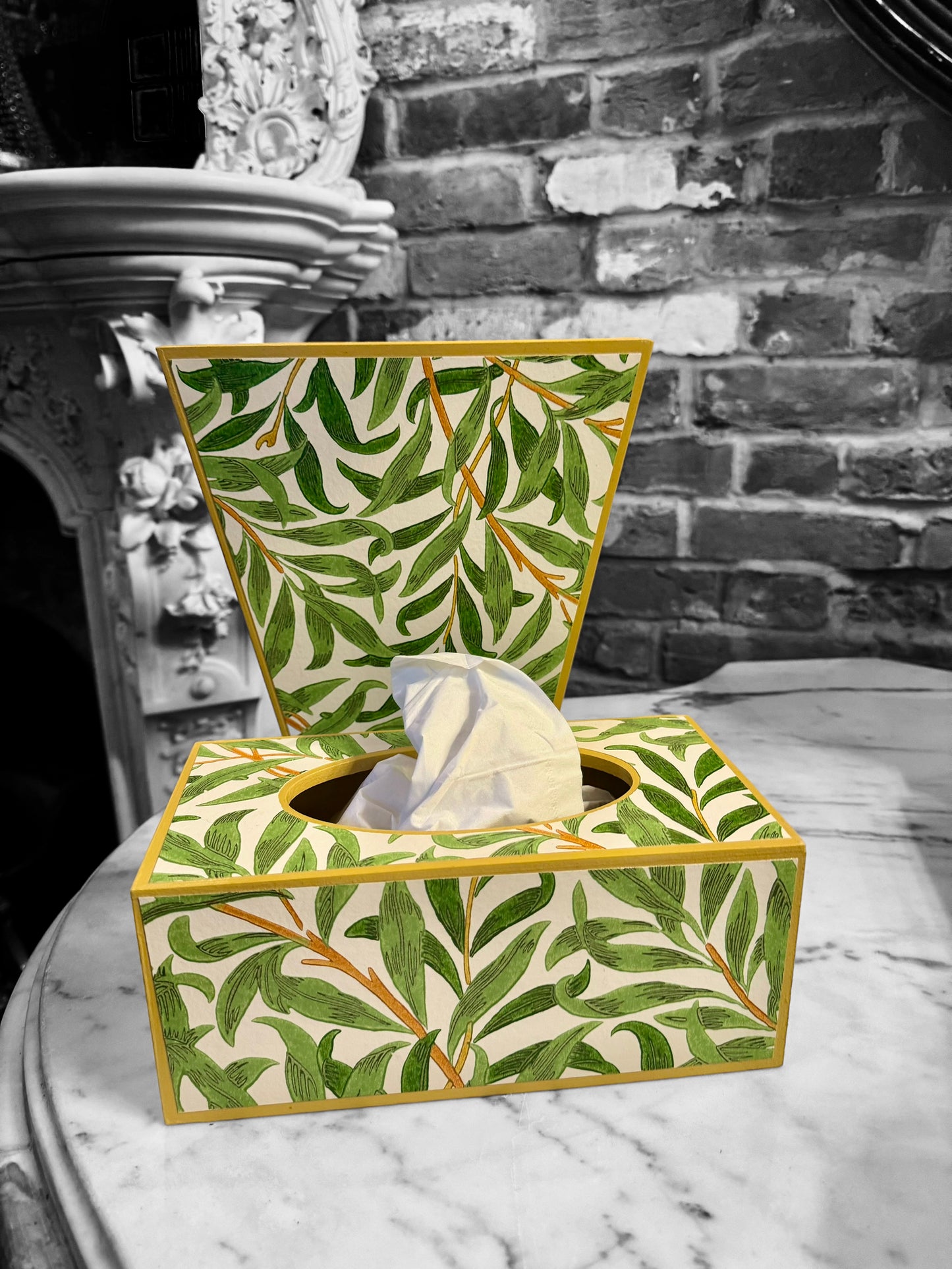 Broadstairs - Matching set - Waste paper bin and square or rectangle tissue box cover - Decoupage in William morris Willow Boughs by Morris & co in spring colourway
