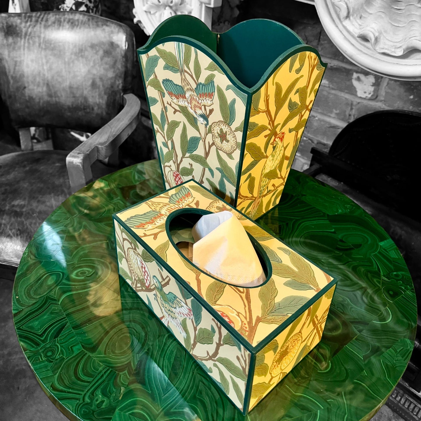 Gloucestershire - Matching set - Waste paper bin & a square or rectangle tissue box cover - Decoupage in Bird & Pomegranate by Morris & Co in Sage colourway
