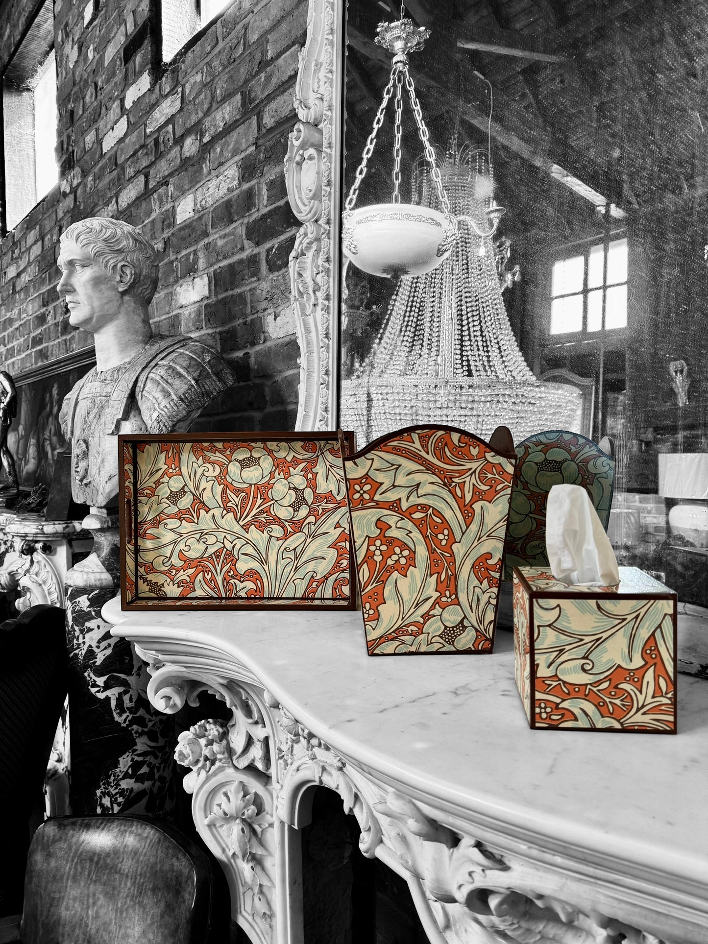 Clerkenwell - Ottoman tray available in 4 x sizes - Decoupage in William Morris Batchelor's Button by Morris & Co in Orange/Sky colourway