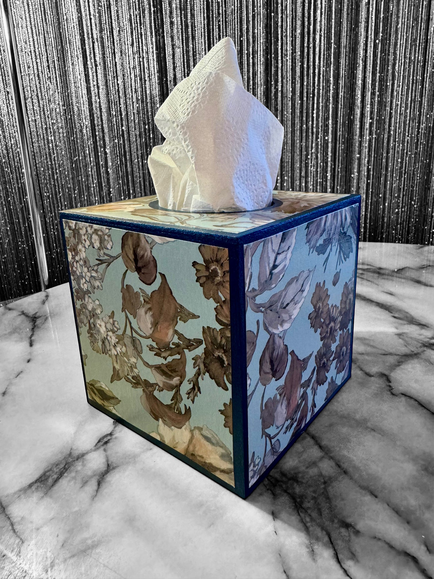 Brighton - Matching set - Waste paper bin & square or rectangle tissue box cover - Decoupage in Designers Guild/Mansur in Eau De Nil colourway