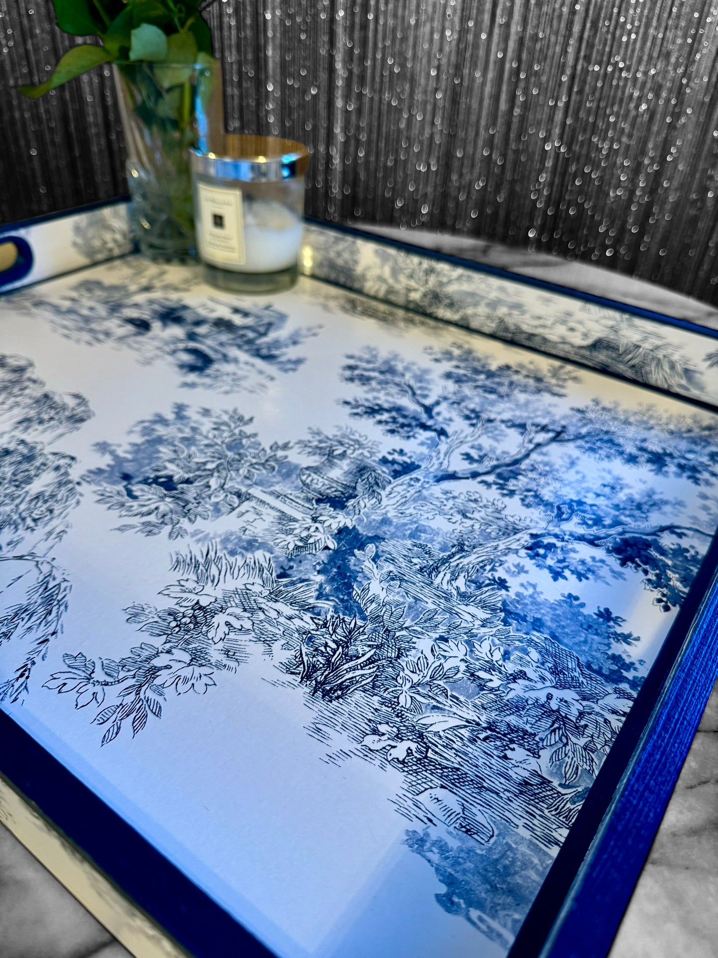 Paris - Ottoman tray available in 4 x sizes - Decoupage in Navy Toile de Jouy in navy colourway