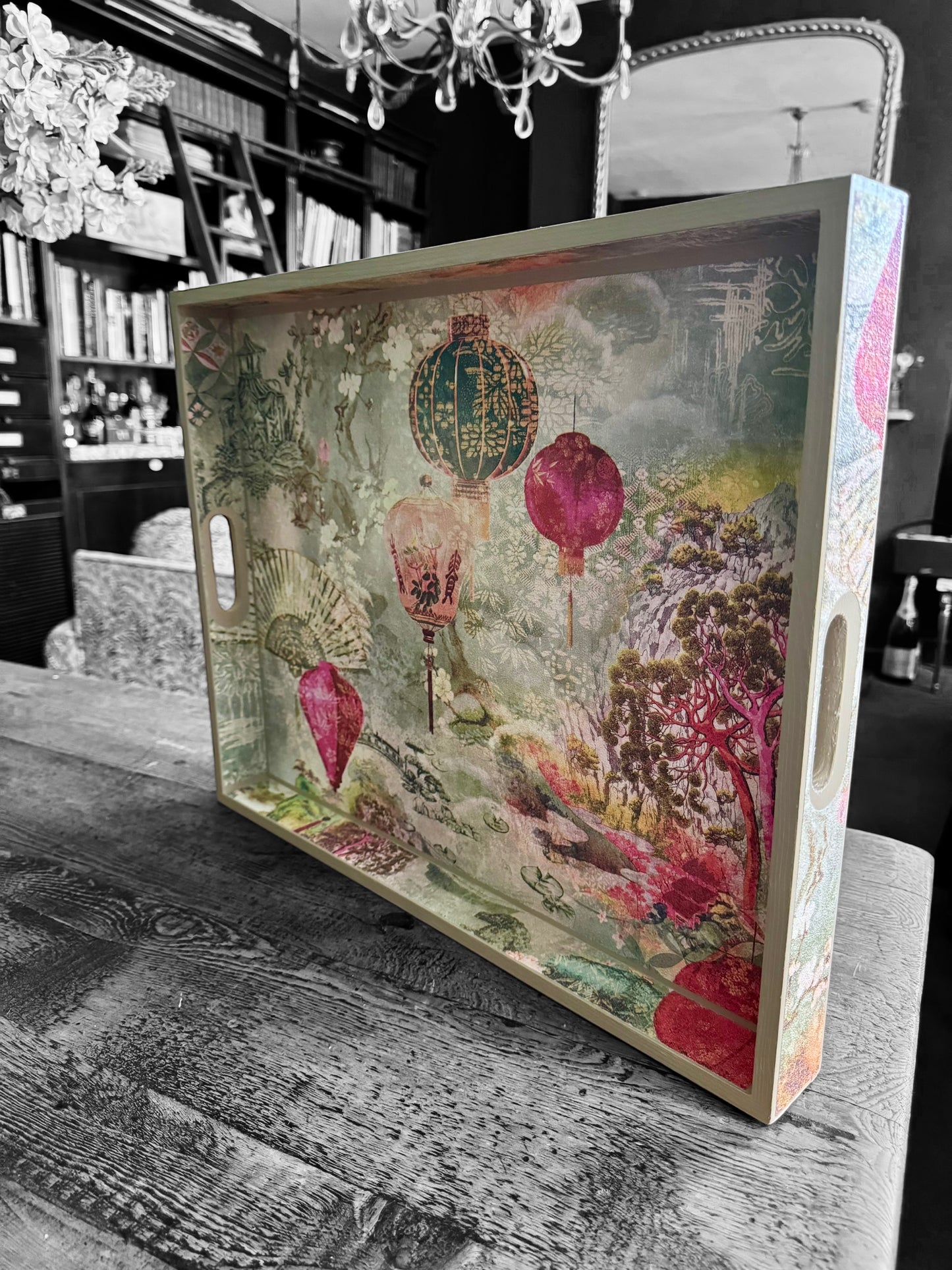 Tokyo - Ottoman tray available in 4 x sizes - Decoupage in intricate Japanese garden inspired textured paper