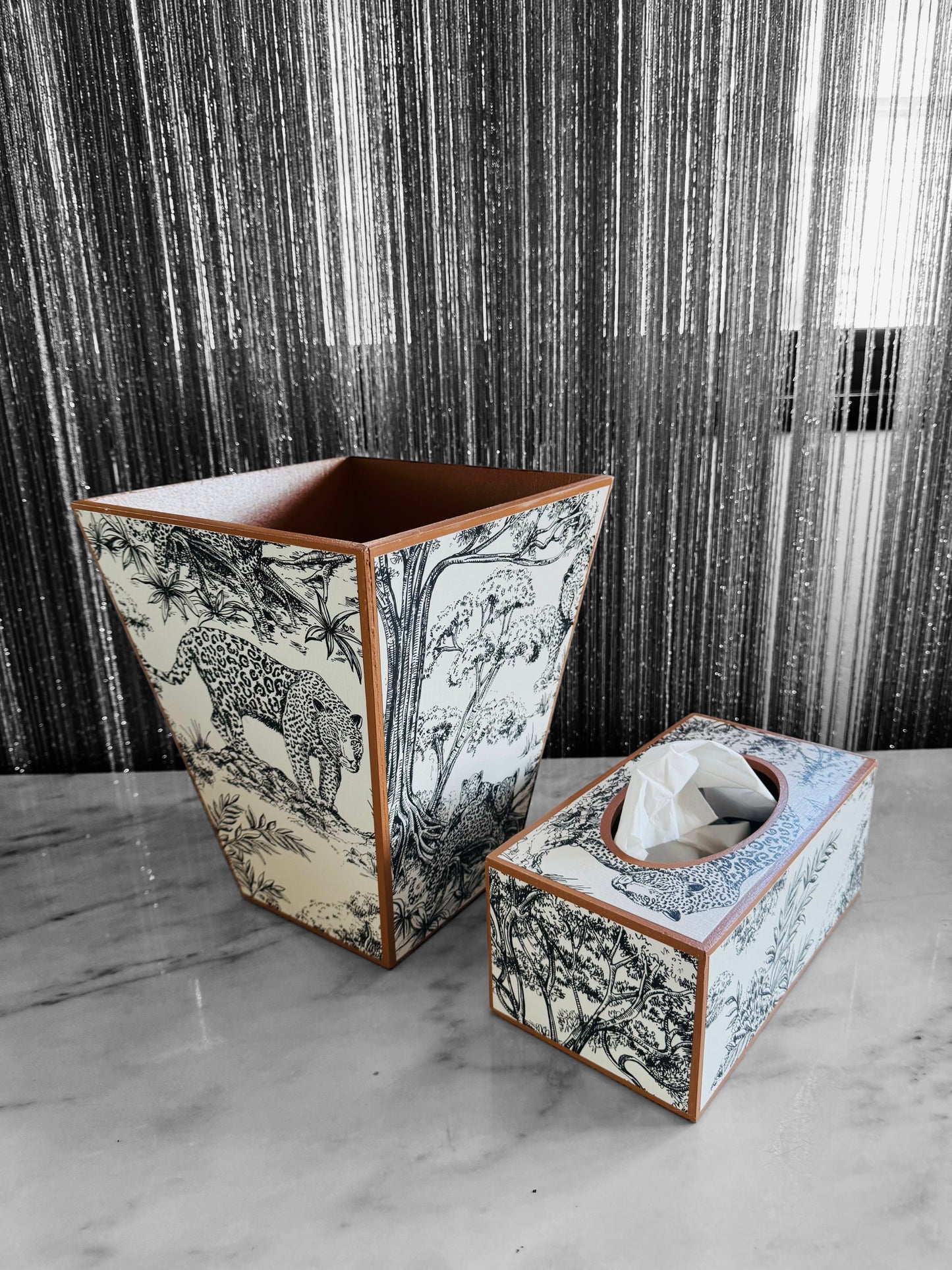 Cape Town - Matching set option for square or rectangle tissue box cover - Decoupage in Kisumu by Clarke & Clarke in black/white colour way.