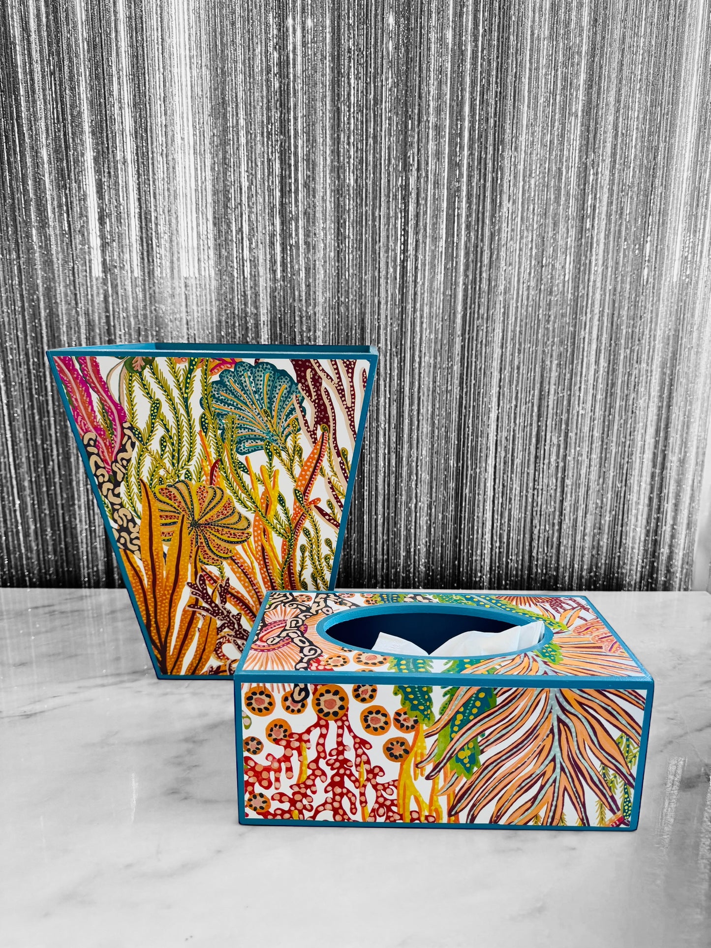 Coral Reef - Matching set option for square or rectangle tissue box cover - Decoupage in Acropora by Harlequin Brazilian Rosewood colour way.