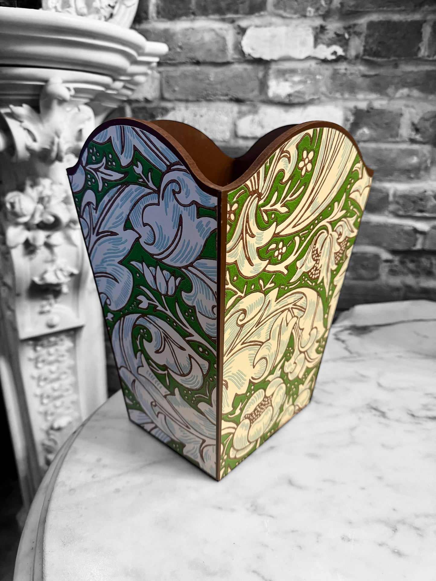 Clerkenwell waste paper bin and long tissue box cover - William Morris Batchelors Button leaf green/Sky. Handmade by Beatrice Bloom London