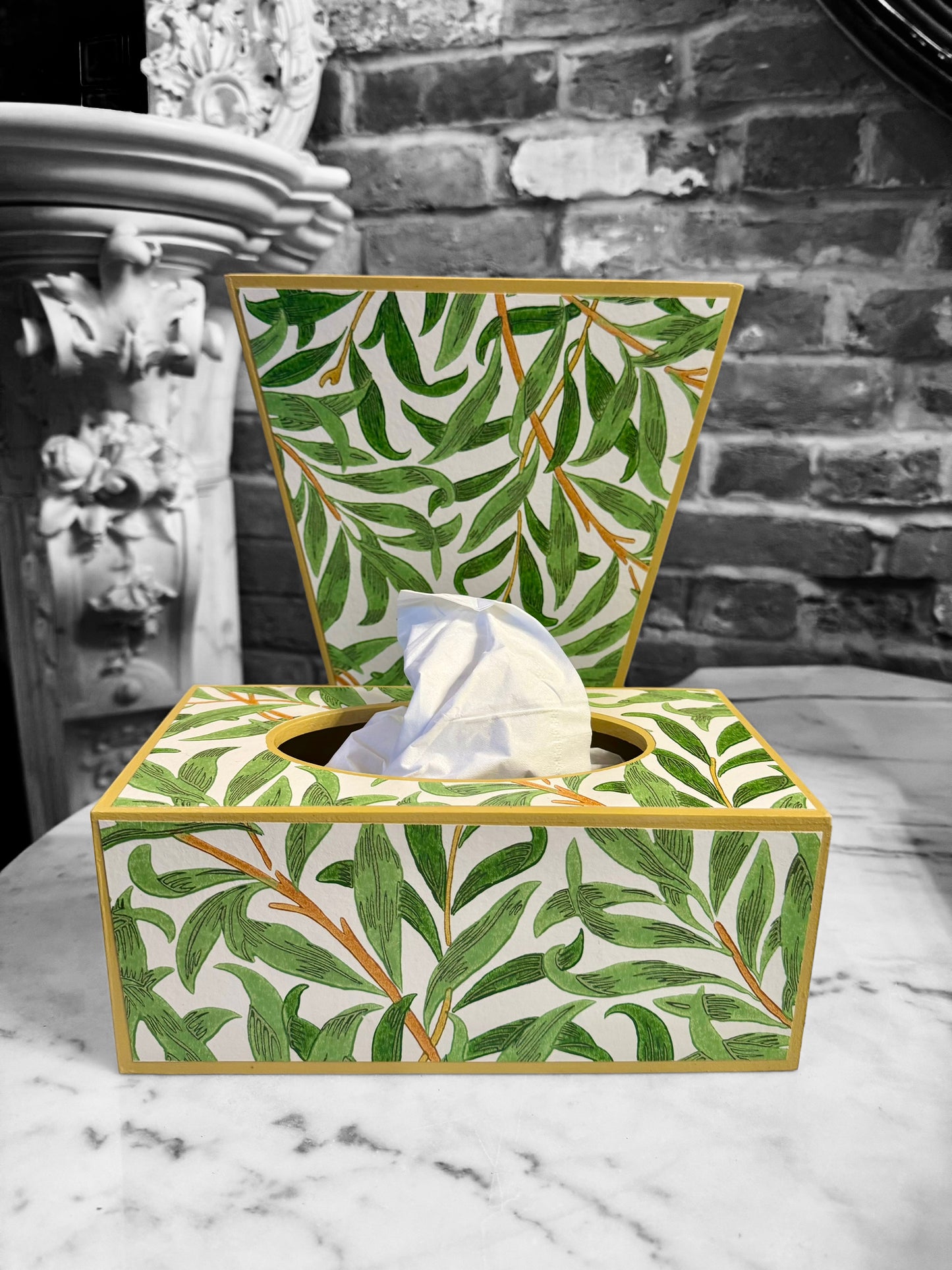 Broadstairs - Matching set - Waste paper bin and square or rectangle tissue box cover - Decoupage in William morris Willow Boughs by Morris & co in spring colourway