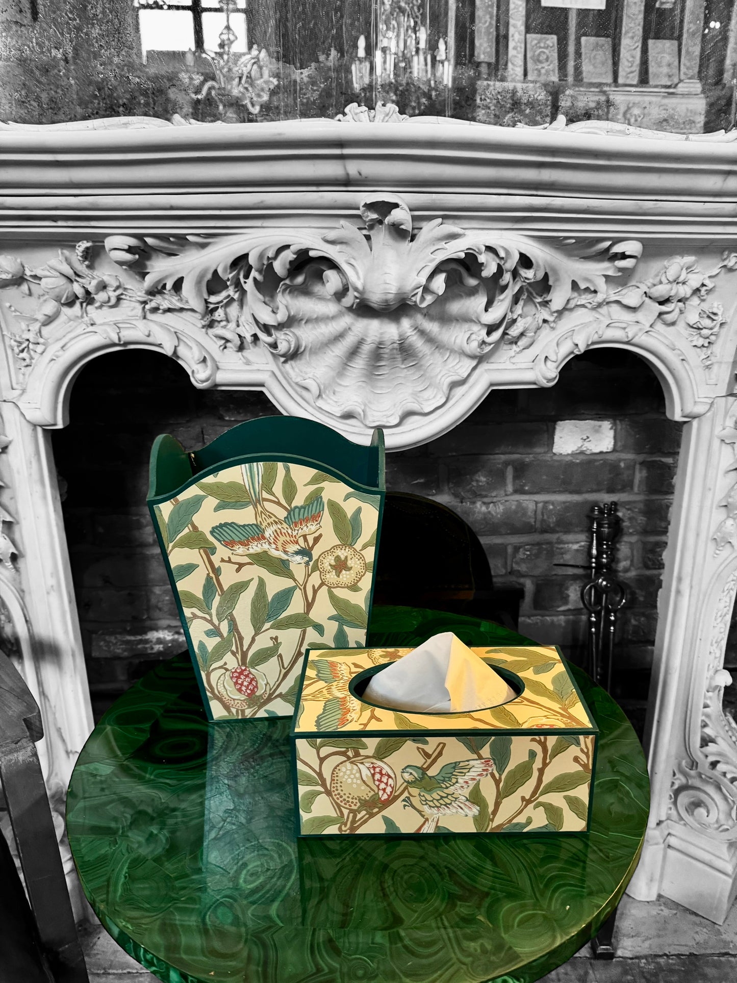 Gloucestershire - Matching set - Waste paper bin & a square or rectangle tissue box cover - Decoupage in Bird & Pomegranate by Morris & Co in Sage colourway
