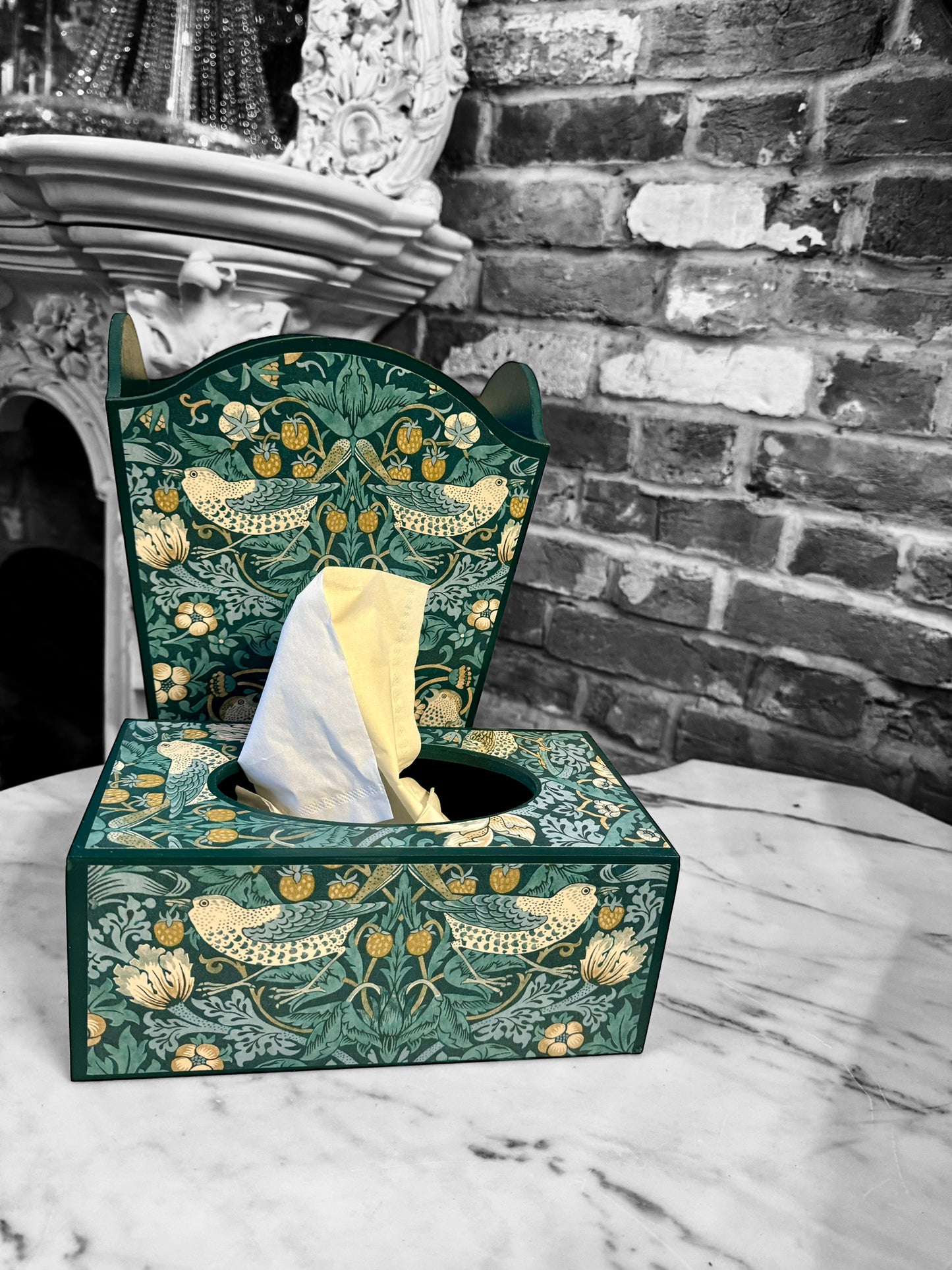 Kelmscott - Matching set - Waste paper bin and square or tissue box cover - Decoupage in William Morris Strawberry Thief by Clarke & Clarke in Teal colourway