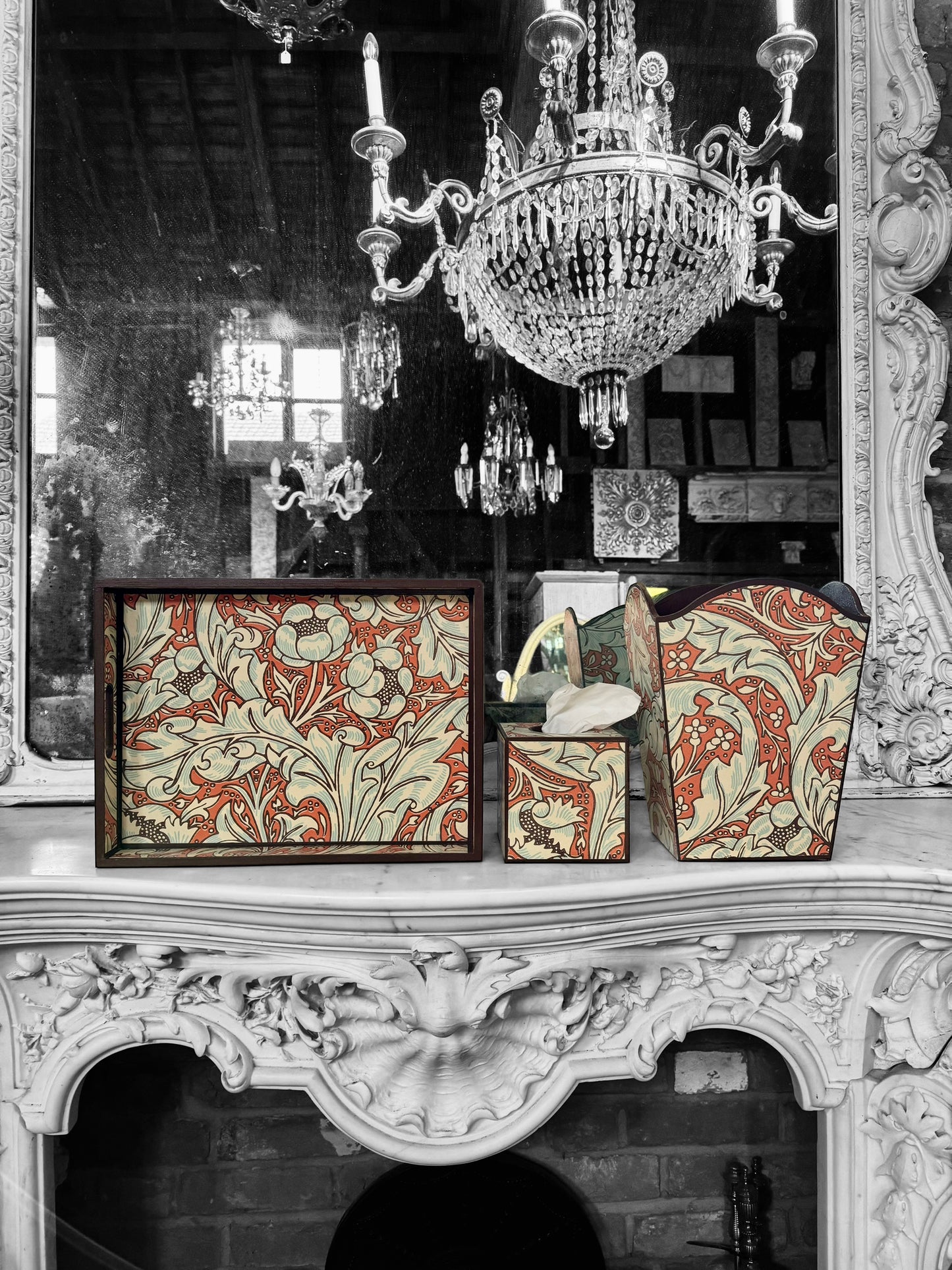 Clerkenwell - Ottoman tray available in 4 x sizes - Decoupage in William Morris Batchelor's Button by Morris & Co in Orange/Sky colourway