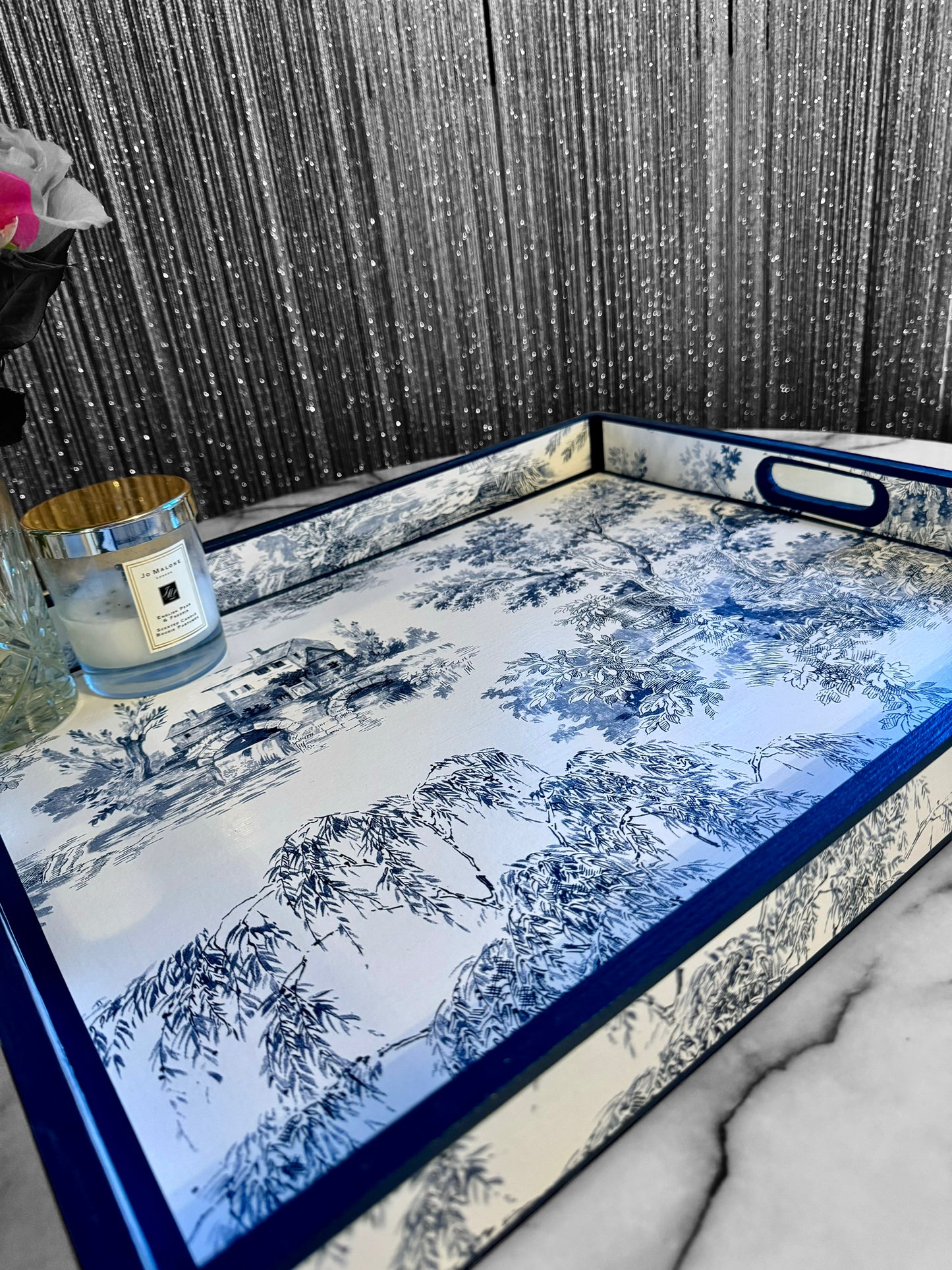 Paris - Ottoman tray available in 4 x sizes - Decoupage in Navy Toile de Jouy in navy colourway