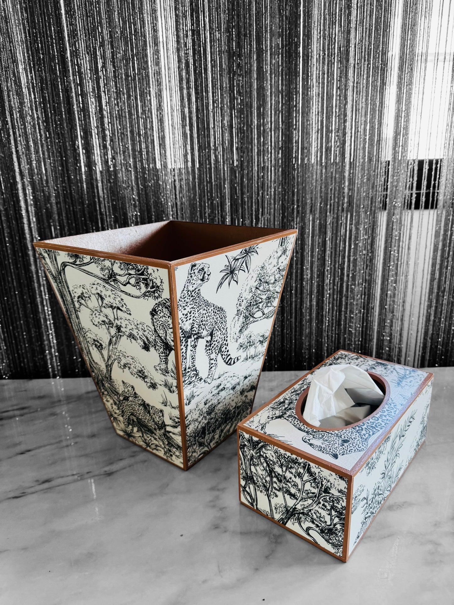 Cape Town - Matching set option for square or rectangle tissue box cover - Decoupage in Kisumu by Clarke & Clarke in black/white colour way.