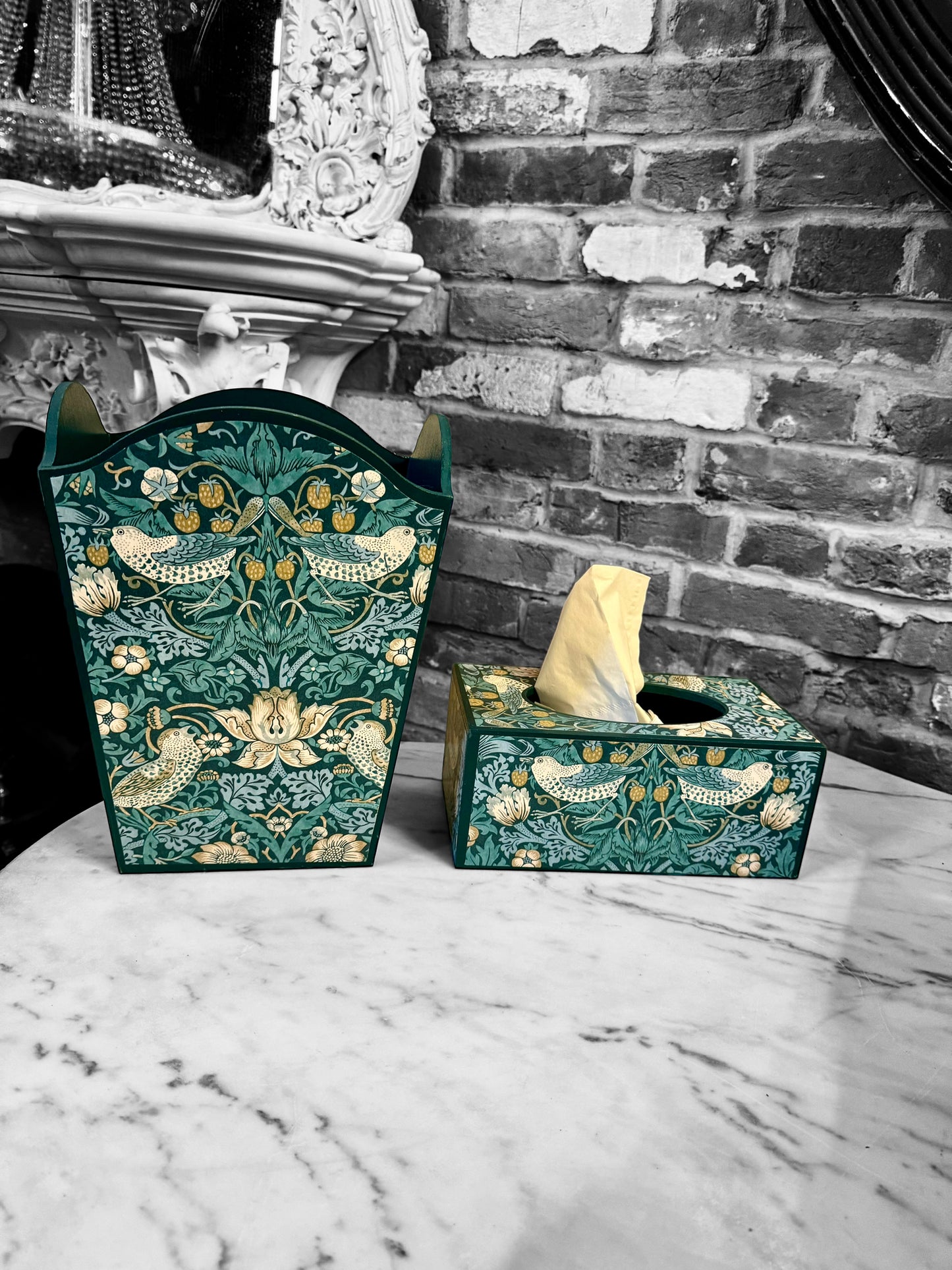 Kelmscott - Matching set - Waste paper bin and square or tissue box cover - Decoupage in William Morris Strawberry Thief by Clarke & Clarke in Teal colourway