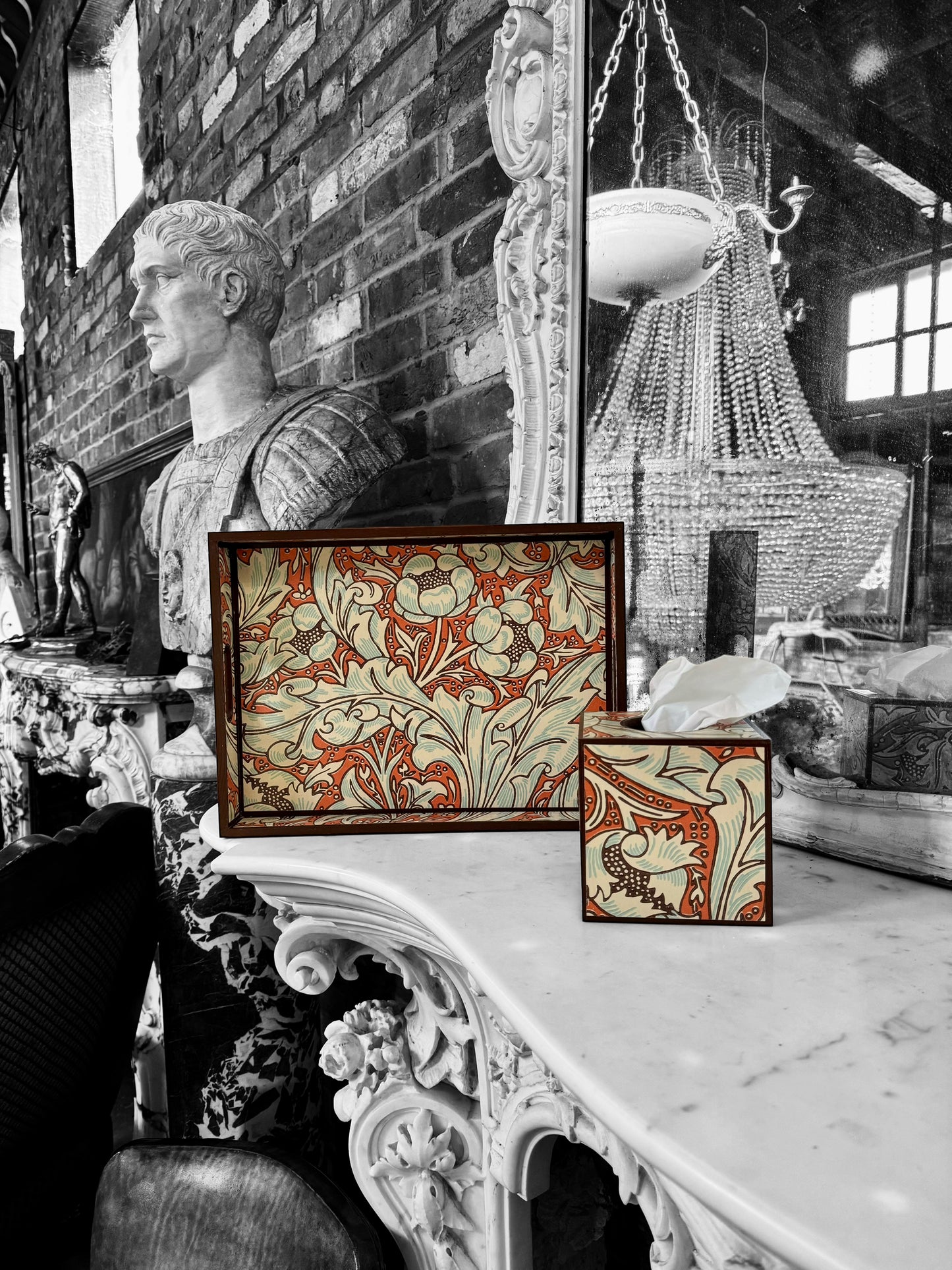 Clerkenwell - Ottoman tray available in 4 x sizes - Decoupage in William Morris Batchelor's Button by Morris & Co in Orange/Sky colourway