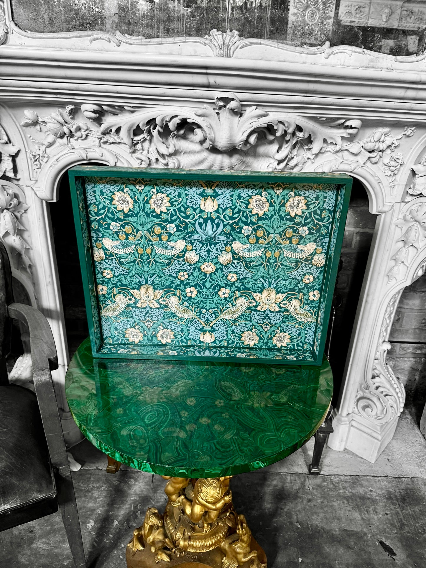 Kelmscott - Ottoman tray available in 4 x sizes - Decoupage in William Morris Strawberry Thief by Clarke & Clarke in teal colourway