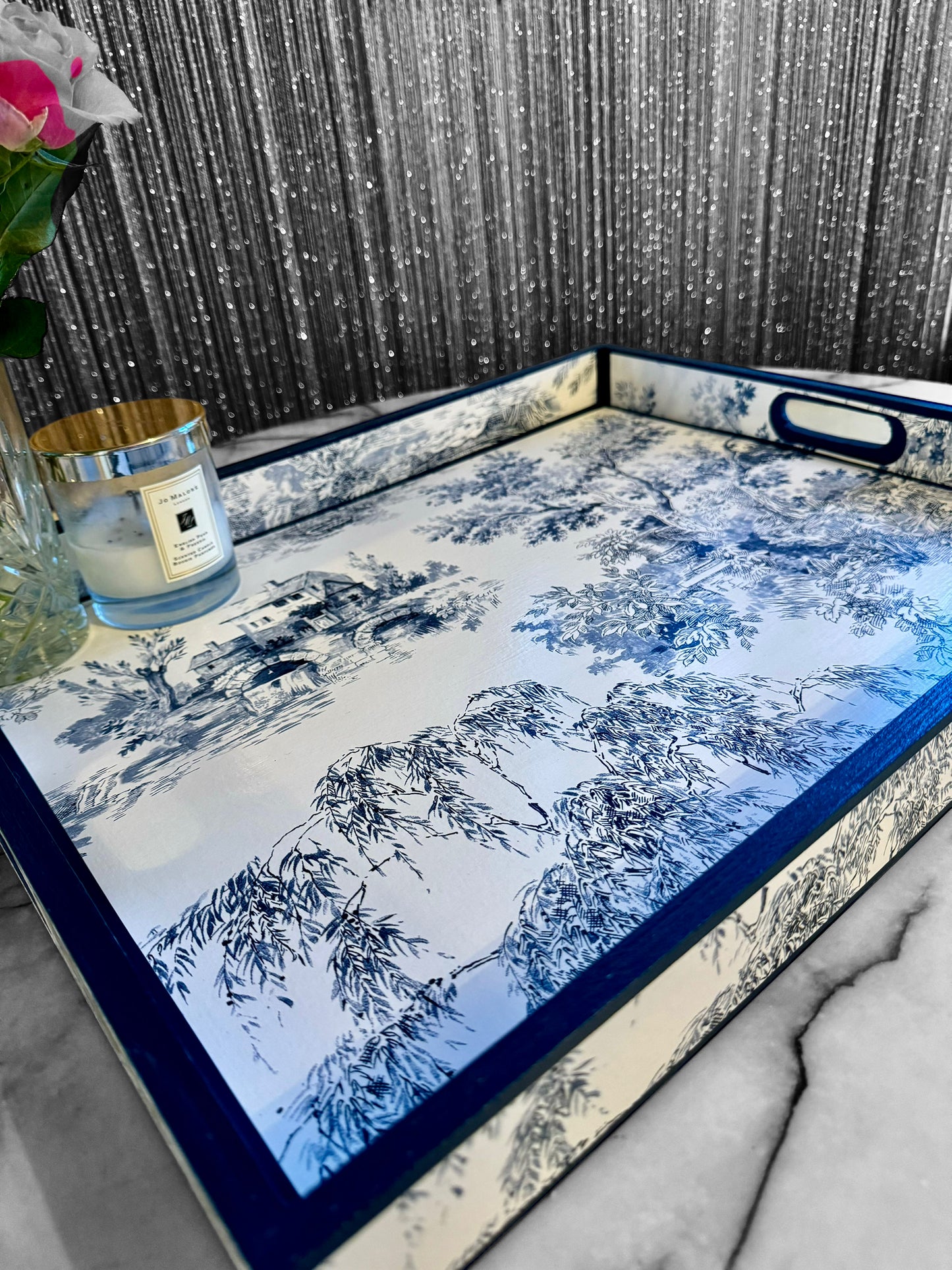 Paris - Ottoman tray available in 4 x sizes - Decoupage in Navy Toile de Jouy in navy colourway