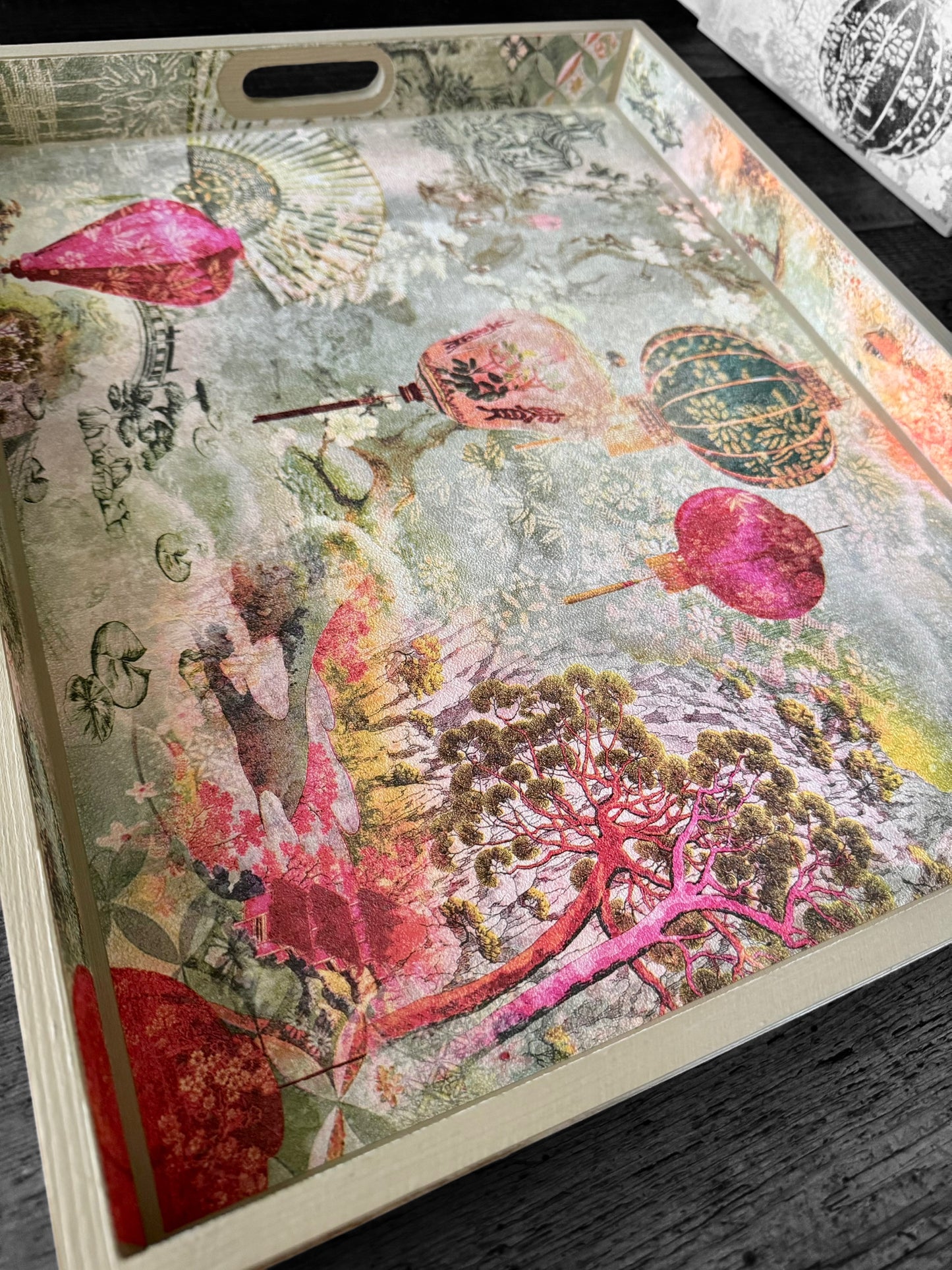 Tokyo - Ottoman tray available in 4 x sizes - Decoupage in intricate Japanese garden inspired textured paper
