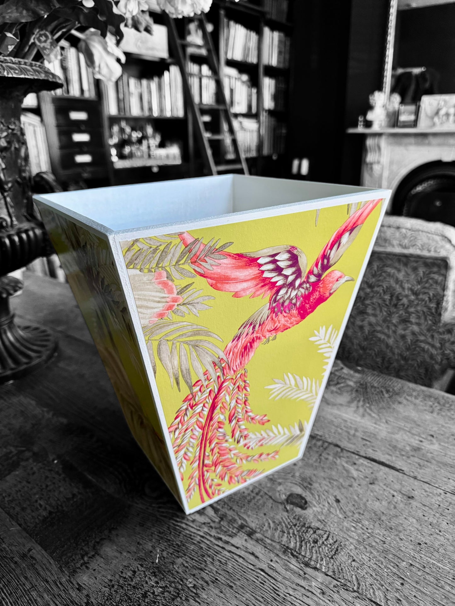 Twickenham - Matching set - Waste paper bin & square or rectangle tissue box cover - Decoupage in Bird of Paradise by Matthew Williamson in pink/purple colourway